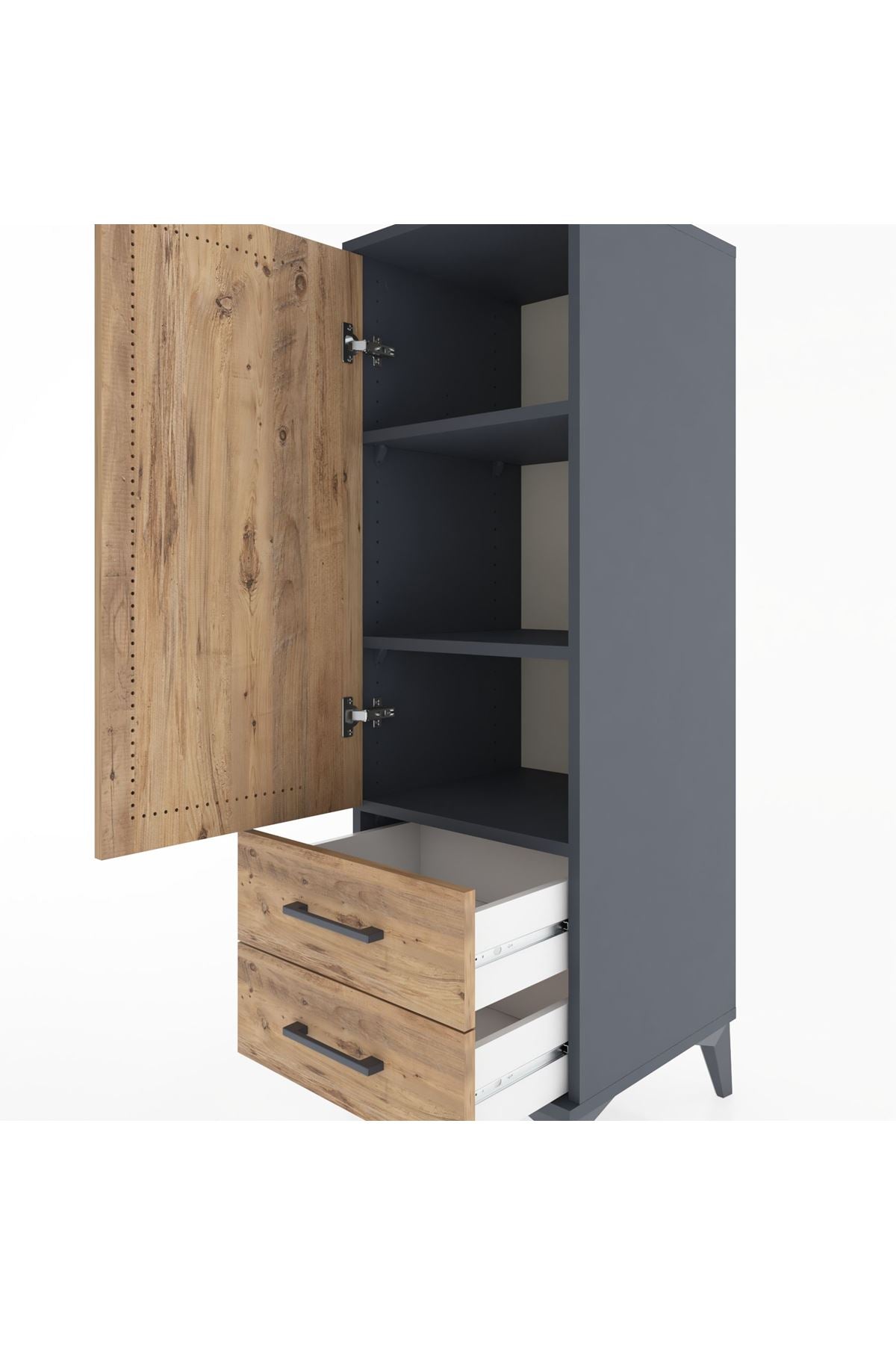 Hyperion Dolap 3 Raflı 2 Çekmeceli Tek Kapaklı 44x44x134 Antrasit-Çam