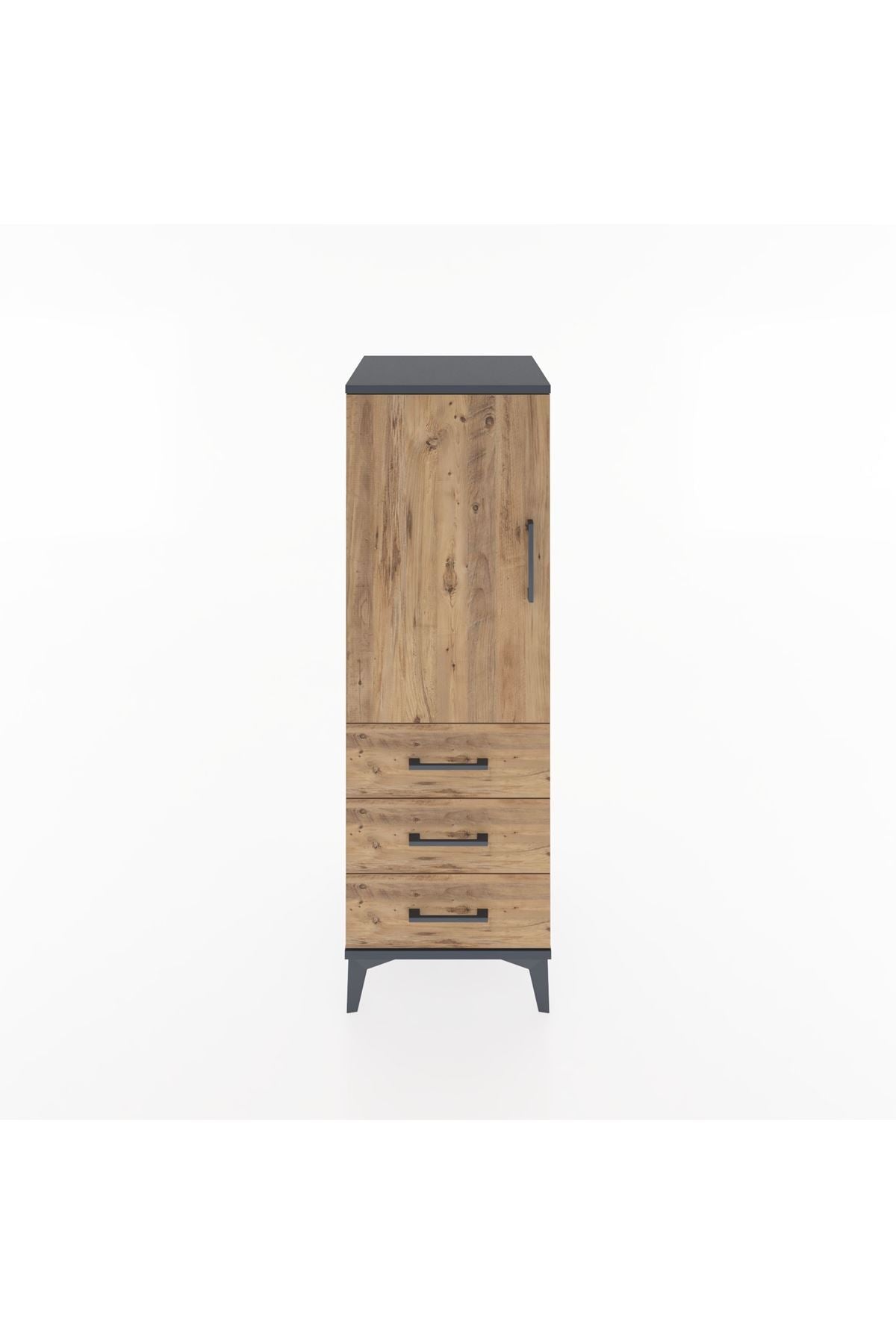 Hyperion Dolap 2 Raflı 3 Çekmeceli Tek Kapaklı 44x44x134 Antrasit-Çam