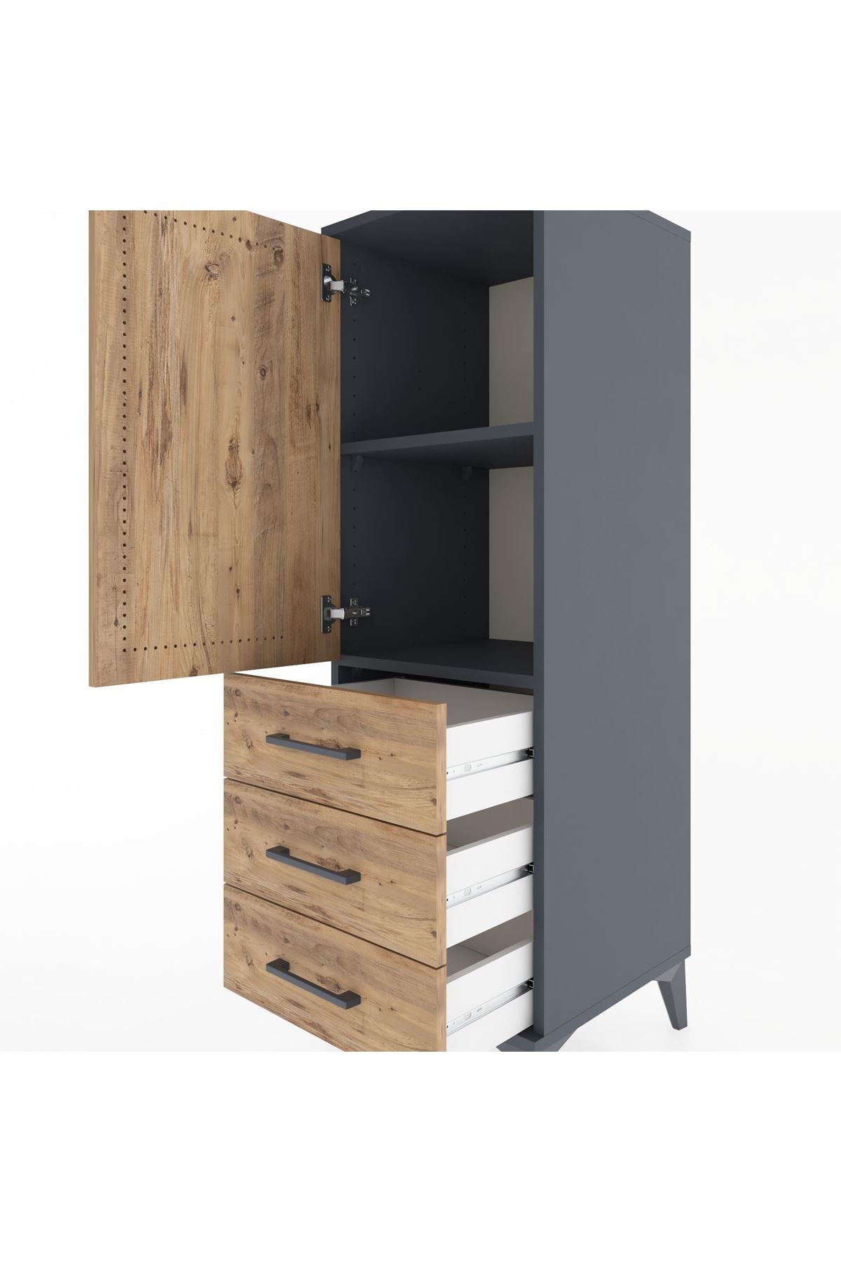 Hyperion Dolap 2 Raflı 3 Çekmeceli Tek Kapaklı 44x44x134 Antrasit-Çam