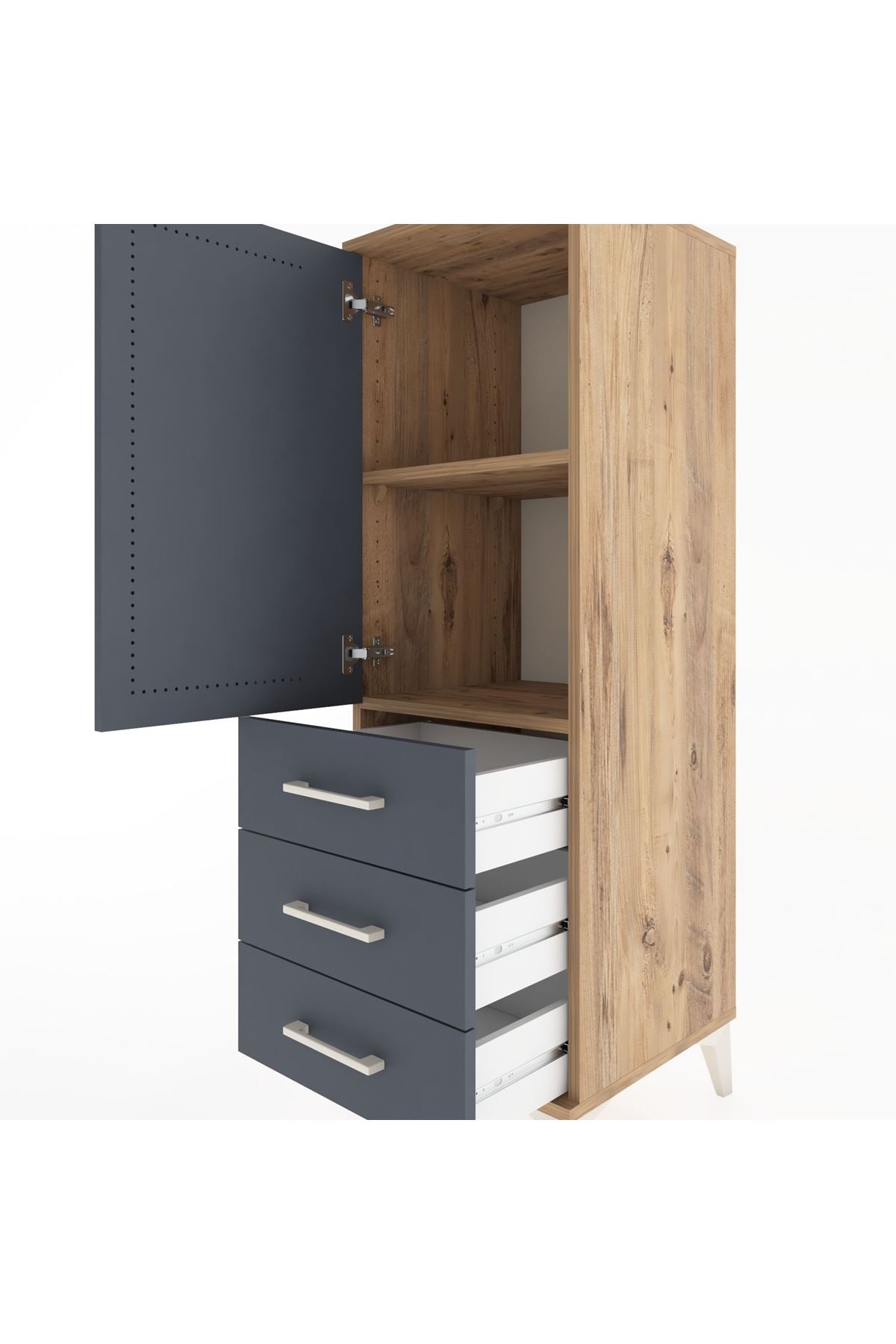 Hyperion Dolap 2 Raflı 3 Çekmeceli Tek Kapaklı 44x44x134 Çam-Antrasit