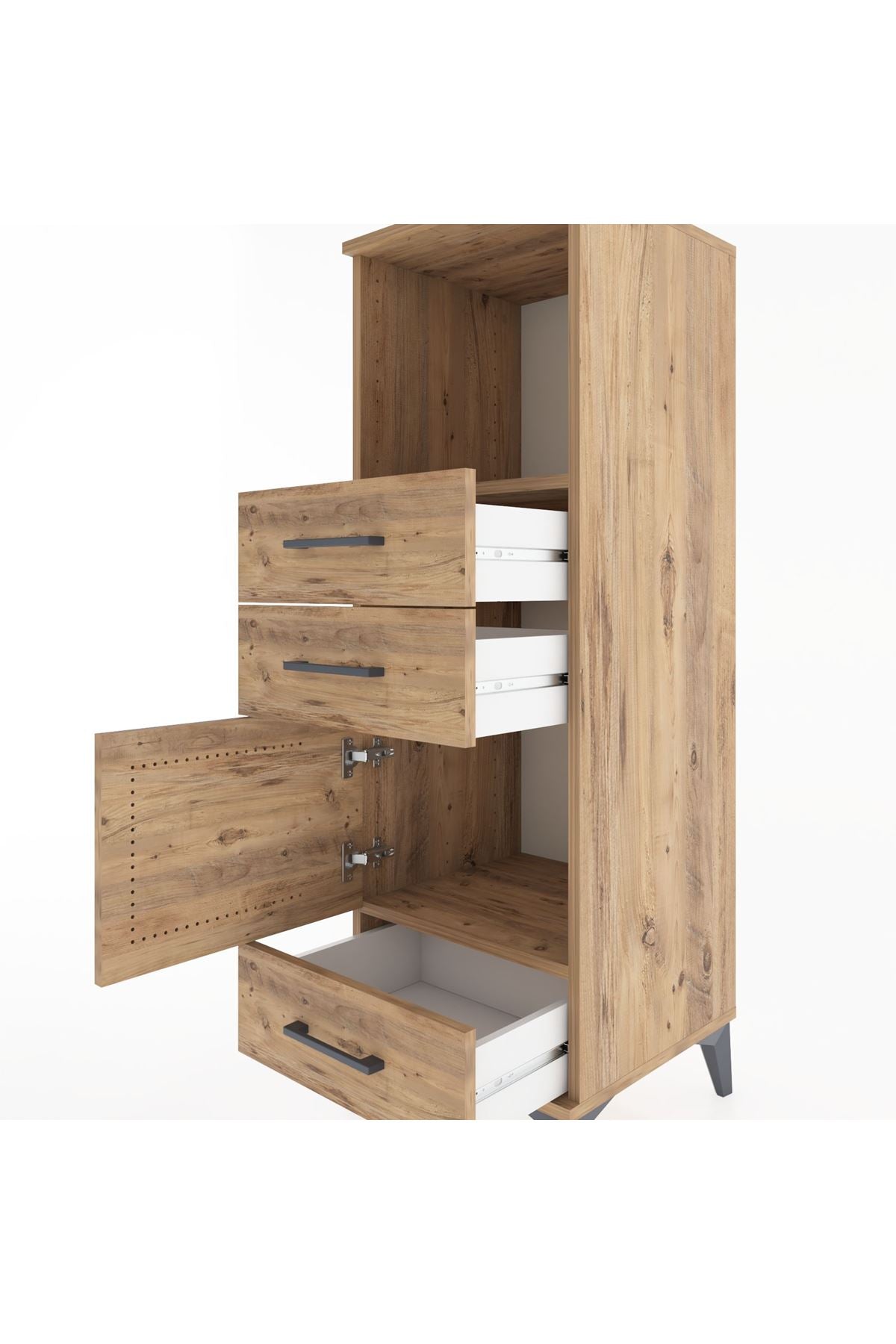 Hyperion Dolap 2 Raflı 3 Çekmeceli Tek Kapaklı 44x44x134 Çam-Çam