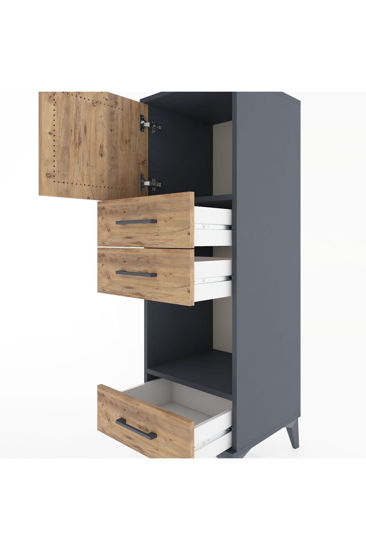 Hyperion Dolap 2 Raflı 3 Çekmeceli Tek Kapaklı 44x44x134 Antrasit-Çam