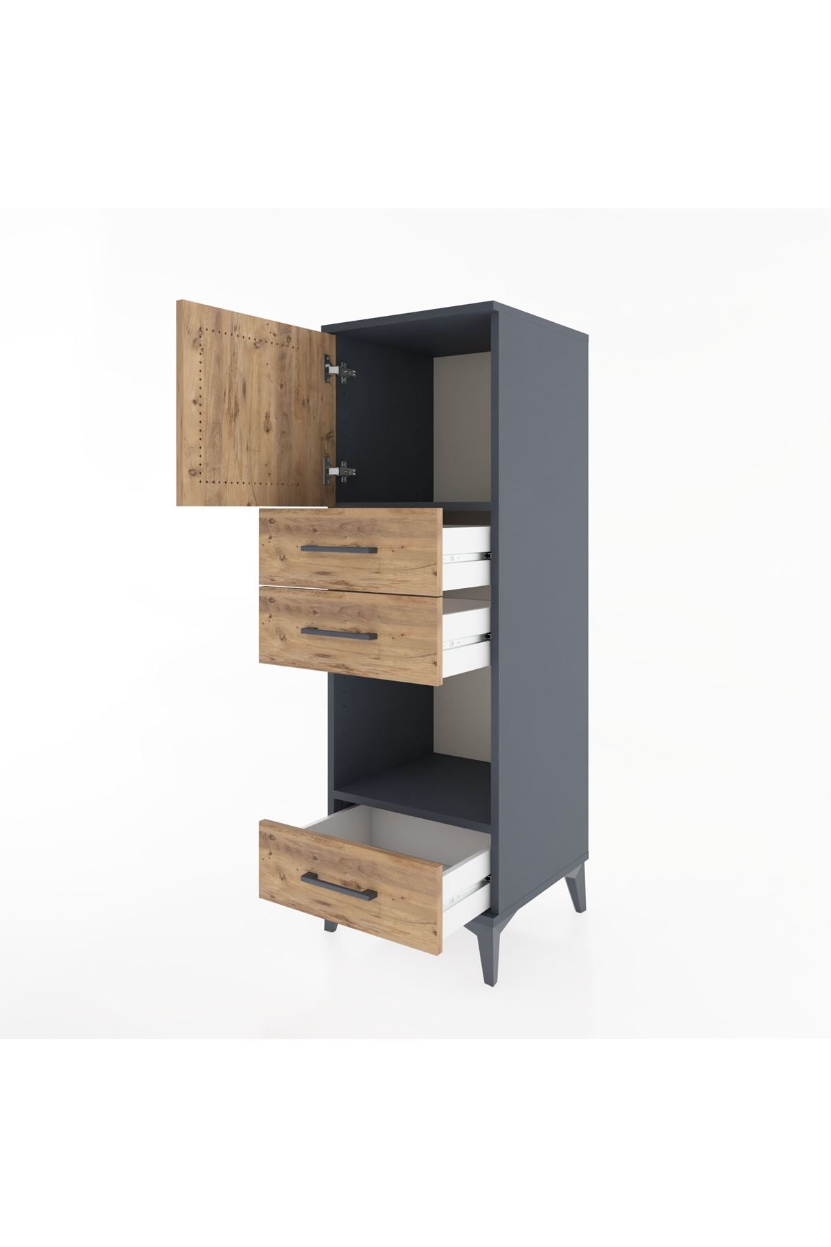 Hyperion Dolap 2 Raflı 3 Çekmeceli Tek Kapaklı 44x44x134 Antrasit-Çam