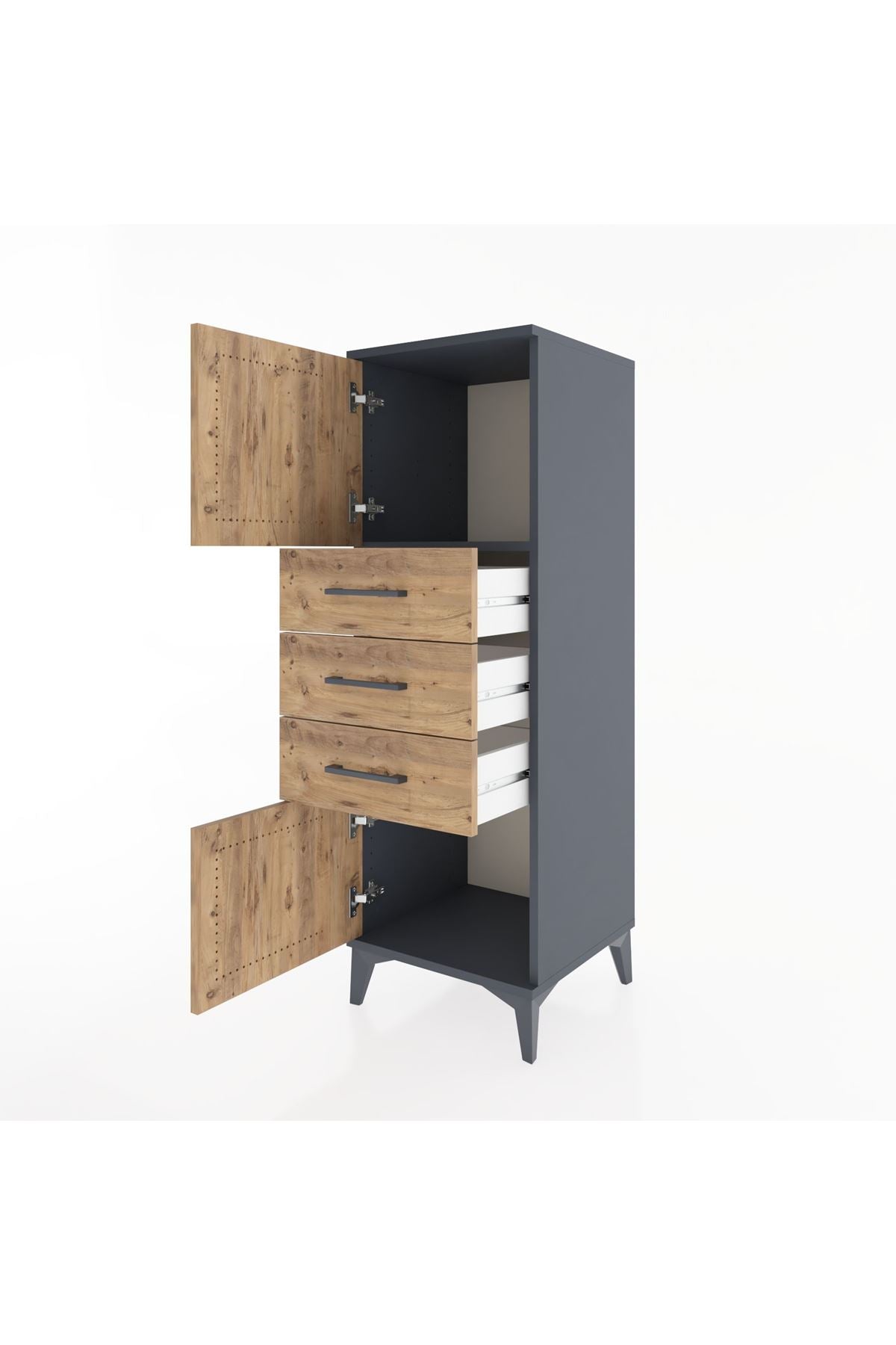 Hyperion Dolap Tek Raflı 3 Çekmeceli 2 Kapaklı 44x44x134 Antrasit-Çam