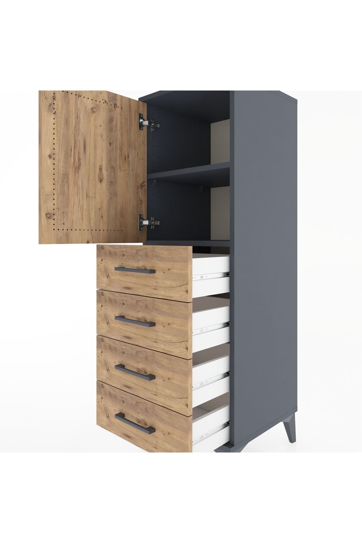 Hyperion Dolap 2 Raflı 4 Çekmeceli Tek Kapaklı 44x44x134 Antrasit-Çam