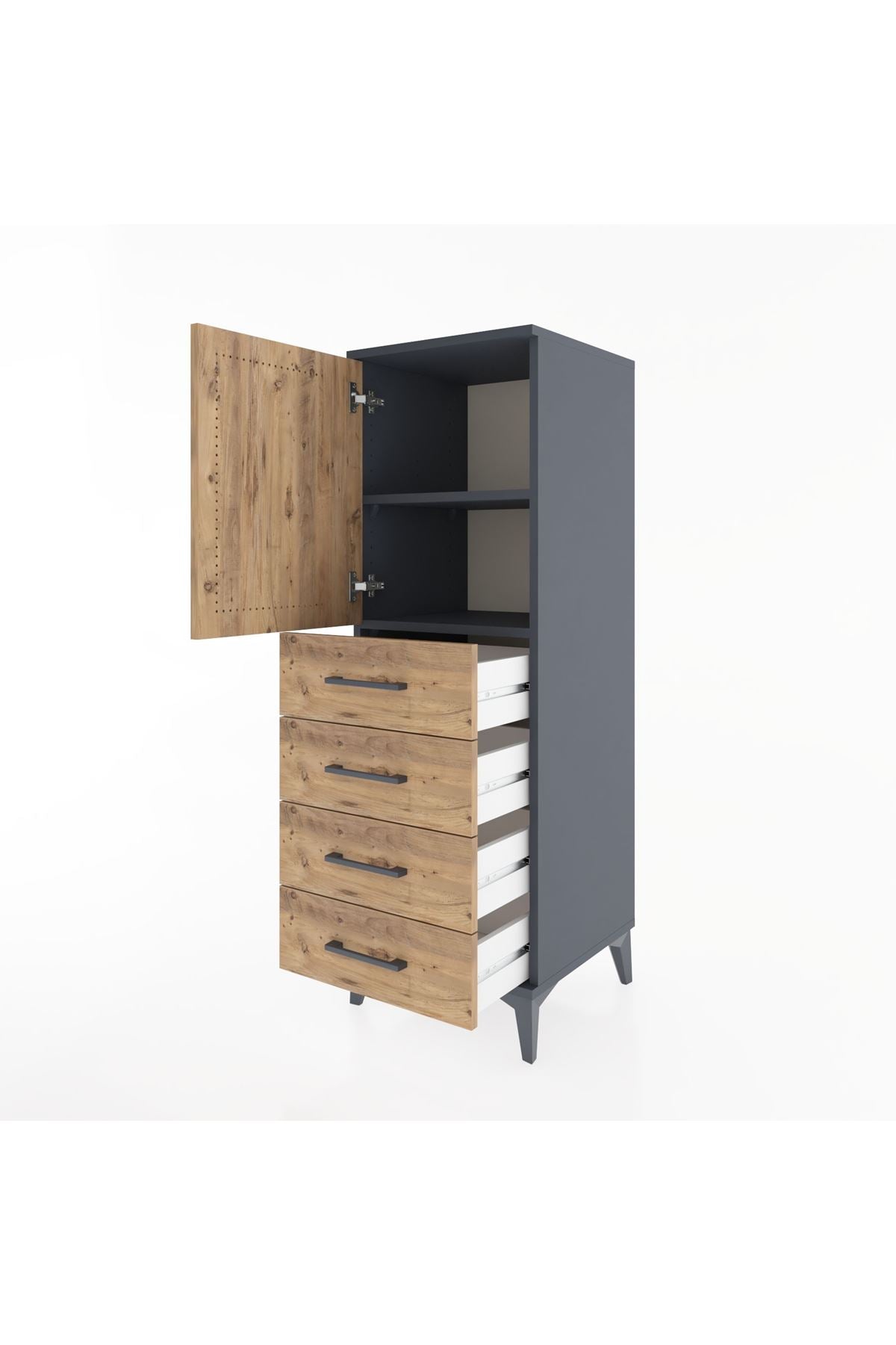 Hyperion Dolap 2 Raflı 4 Çekmeceli Tek Kapaklı 44x44x134 Antrasit-Çam