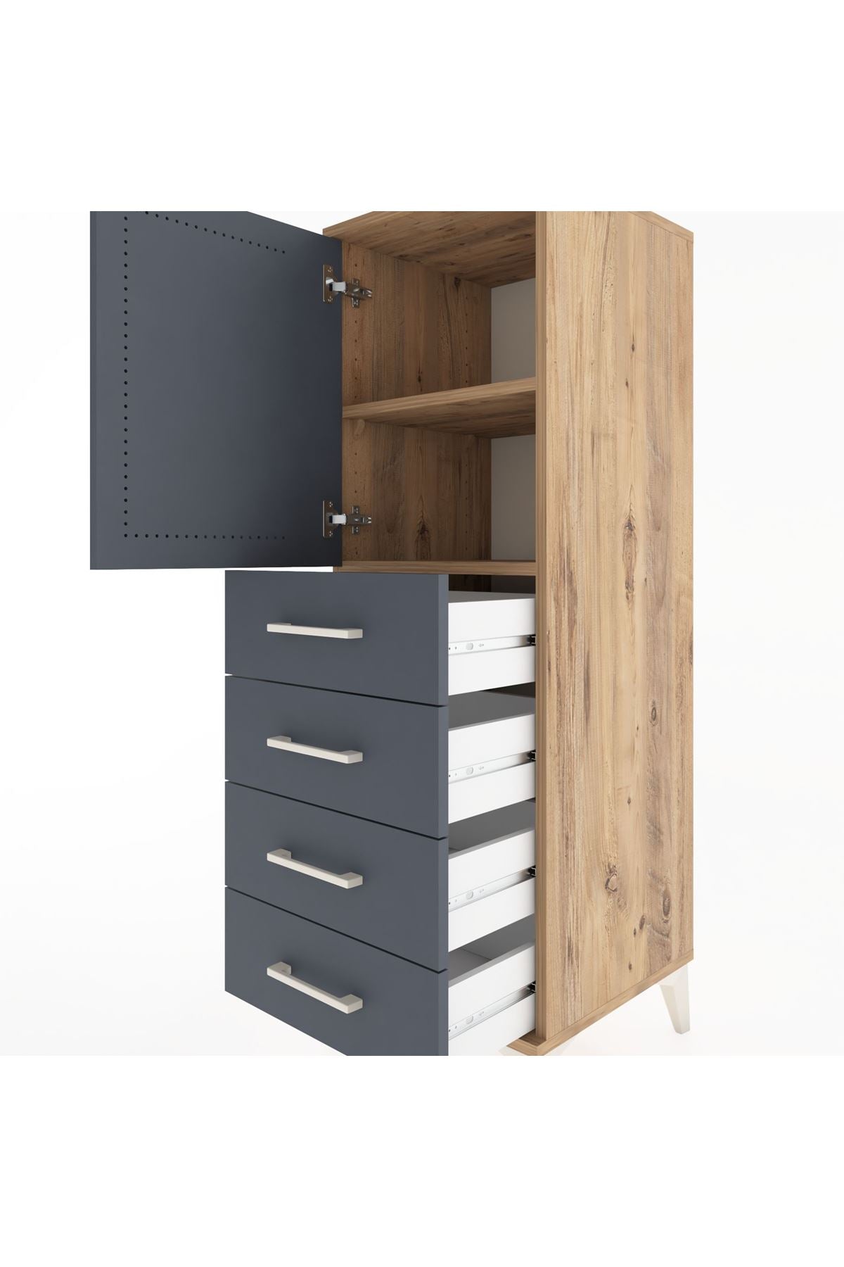 Hyperion Dolap 2 Raflı 4 Çekmeceli Tek Kapaklı 44x44x134 Çam-Antrasit