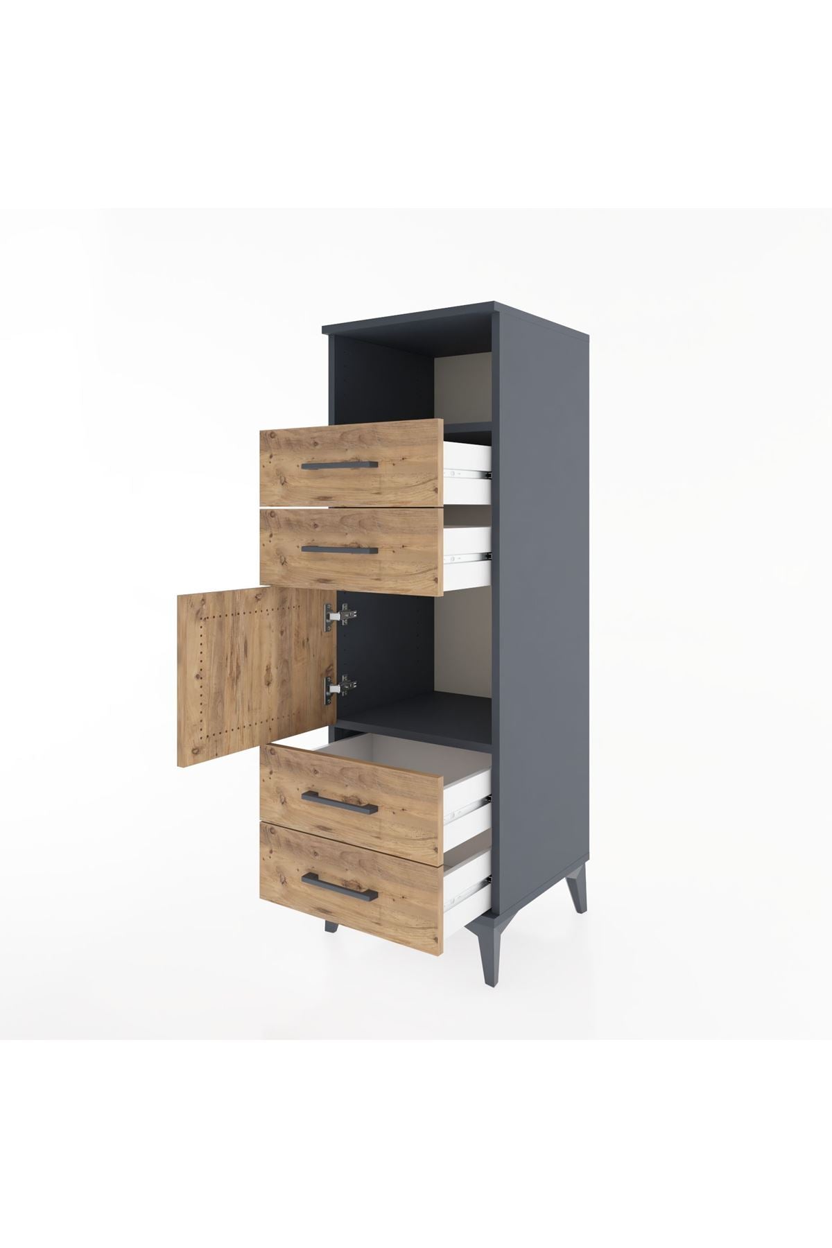 Hyperion Dolap 2 Raflı 4 Çekmeceli Tek Kapaklı 44x44x134 Antrasit-Çam