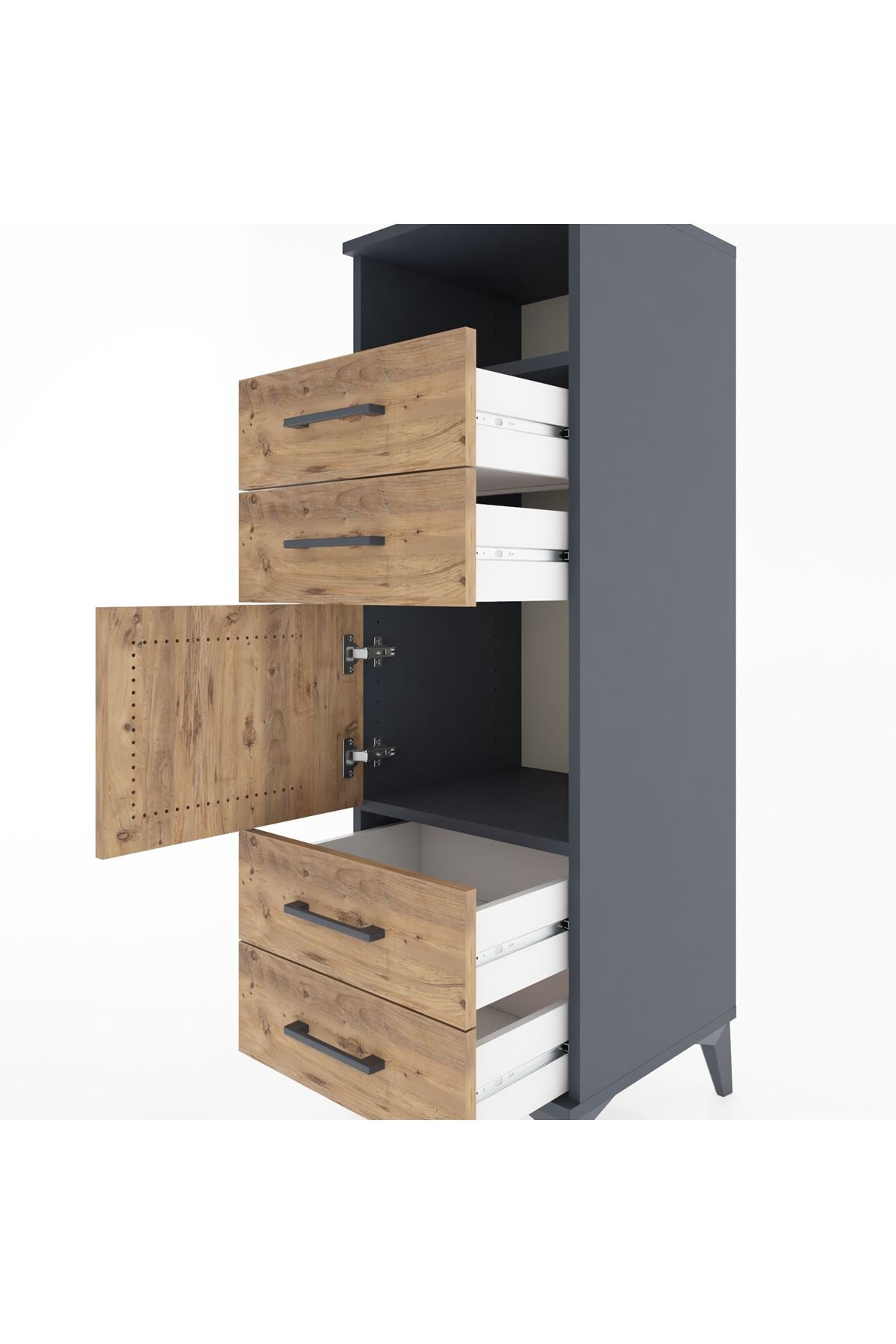 Hyperion Dolap 2 Raflı 4 Çekmeceli Tek Kapaklı 44x44x134 Antrasit-Çam