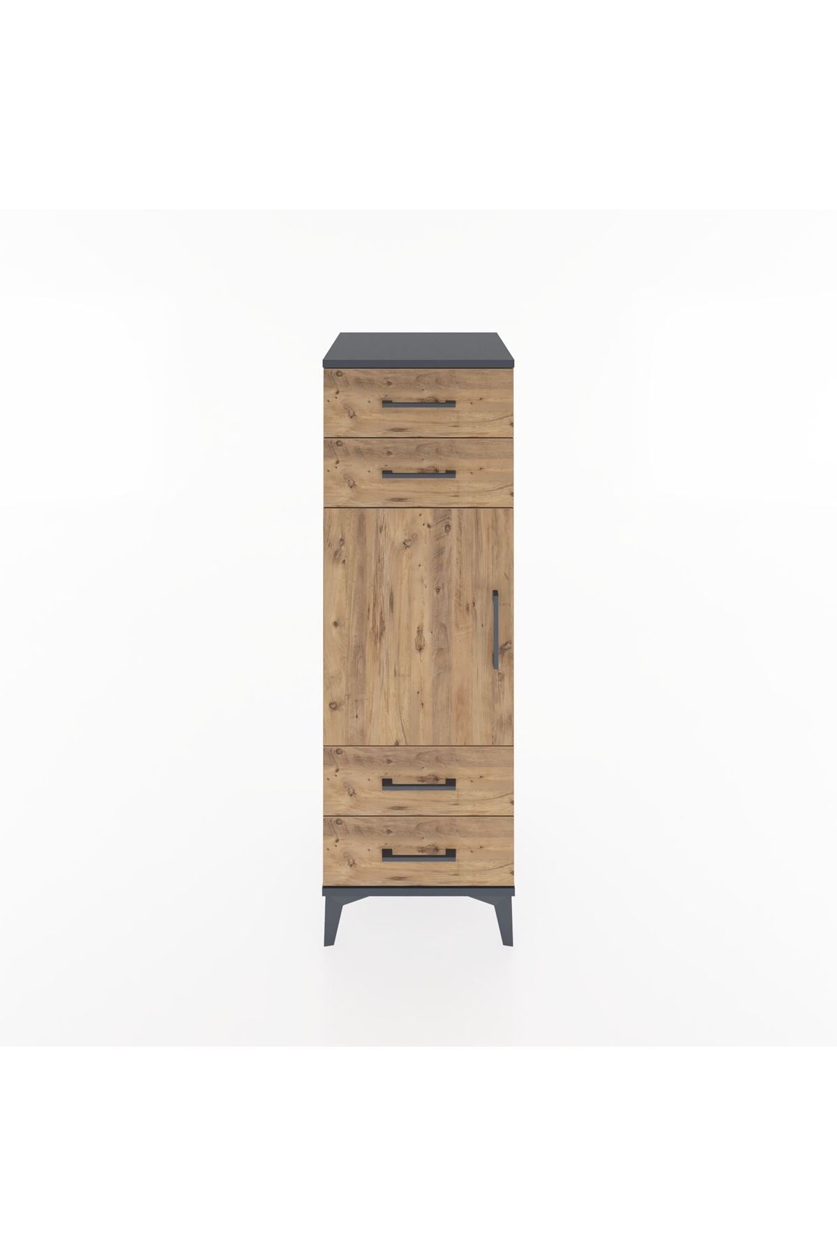 Hyperion Dolap 2 Raflı 4 Çekmeceli Tek Kapaklı 44x44x134 Antrasit-Çam