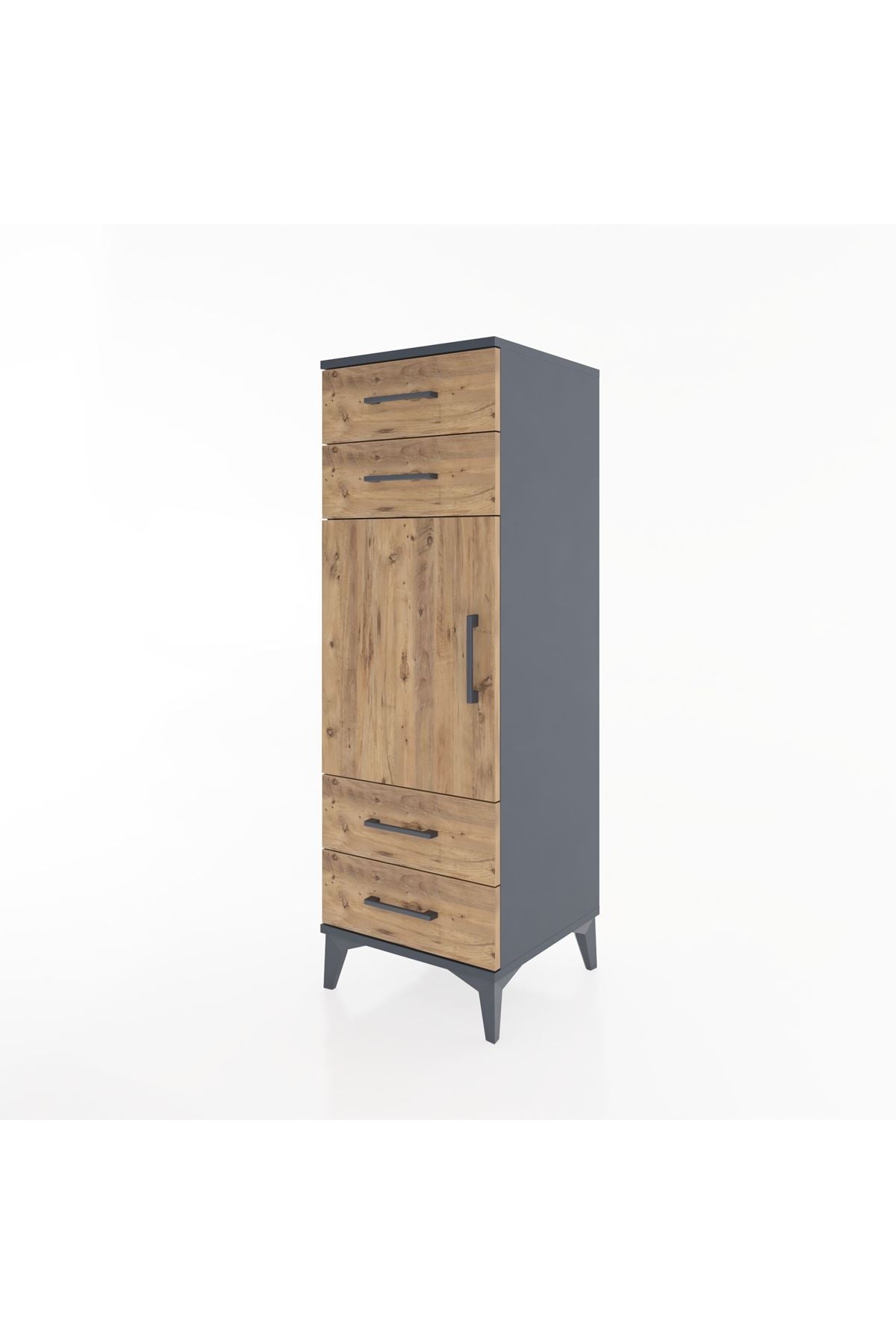 Hyperion Dolap 2 Raflı 4 Çekmeceli Tek Kapaklı 44x44x134 Antrasit-Çam