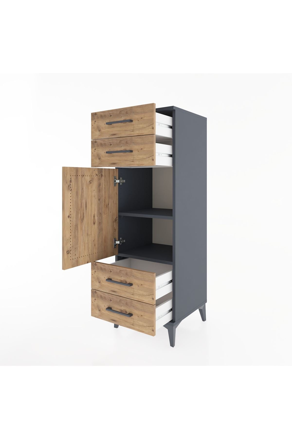 Hyperion Dolap 2 Raflı 4 Çekmeceli Tek Kapaklı 44x44x134 Antrasit-Çam