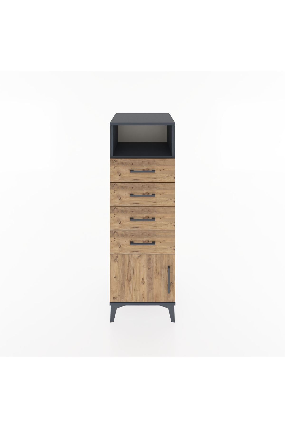 Hyperion Dolap Tek Raflı 4 Çekmeceli Tek Kapaklı 44x44x134 Antrasit-Çam