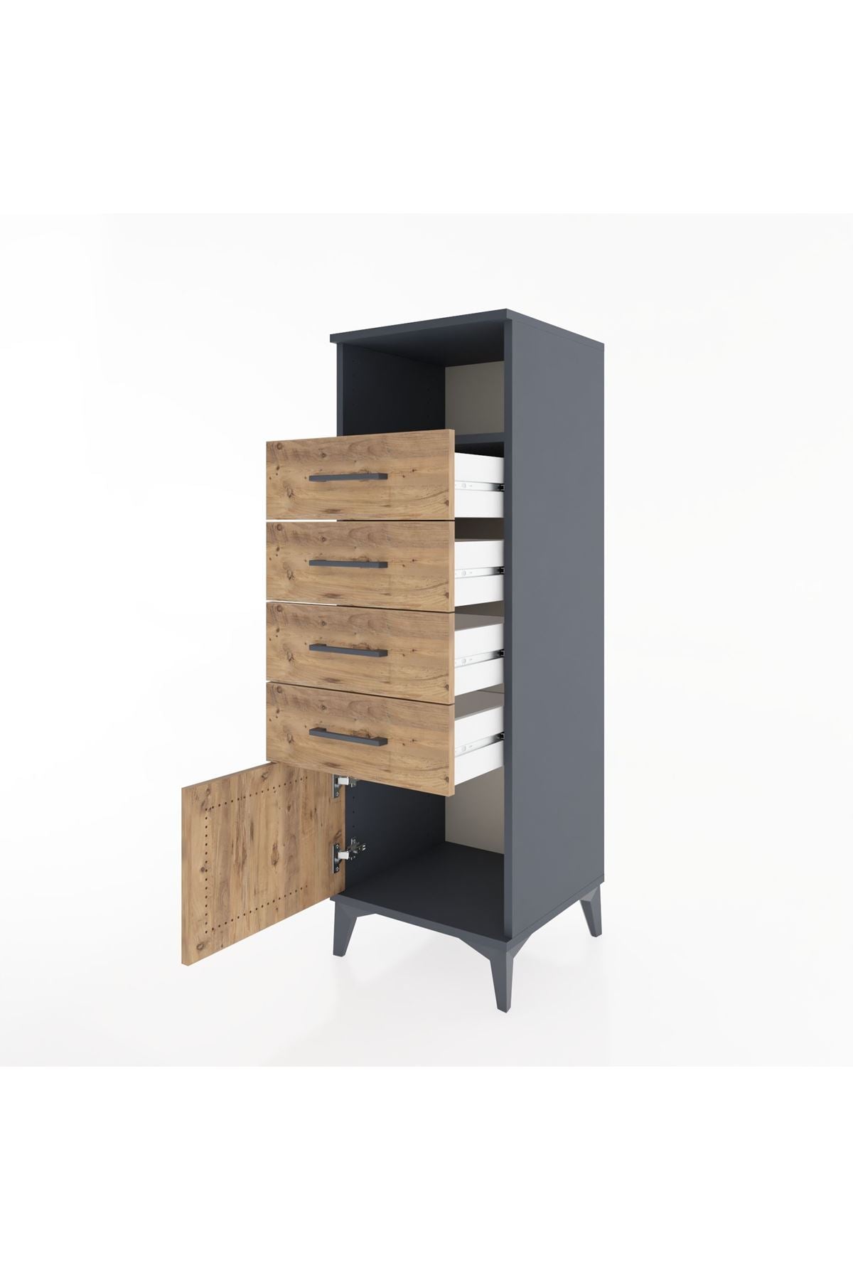 Hyperion Dolap Tek Raflı 4 Çekmeceli Tek Kapaklı 44x44x134 Antrasit-Çam