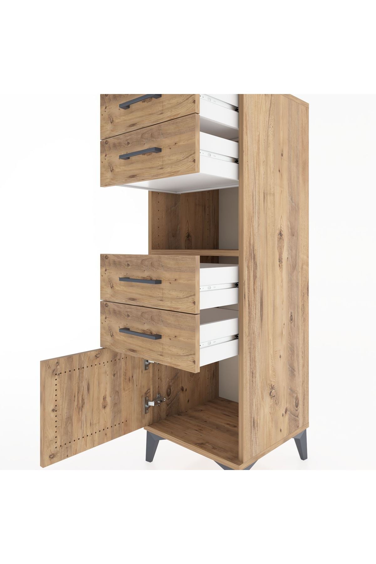 Hyperion Dolap Tek Raflı 4 Çekmeceli Tek Kapaklı 44x44x134 Çam-Çam