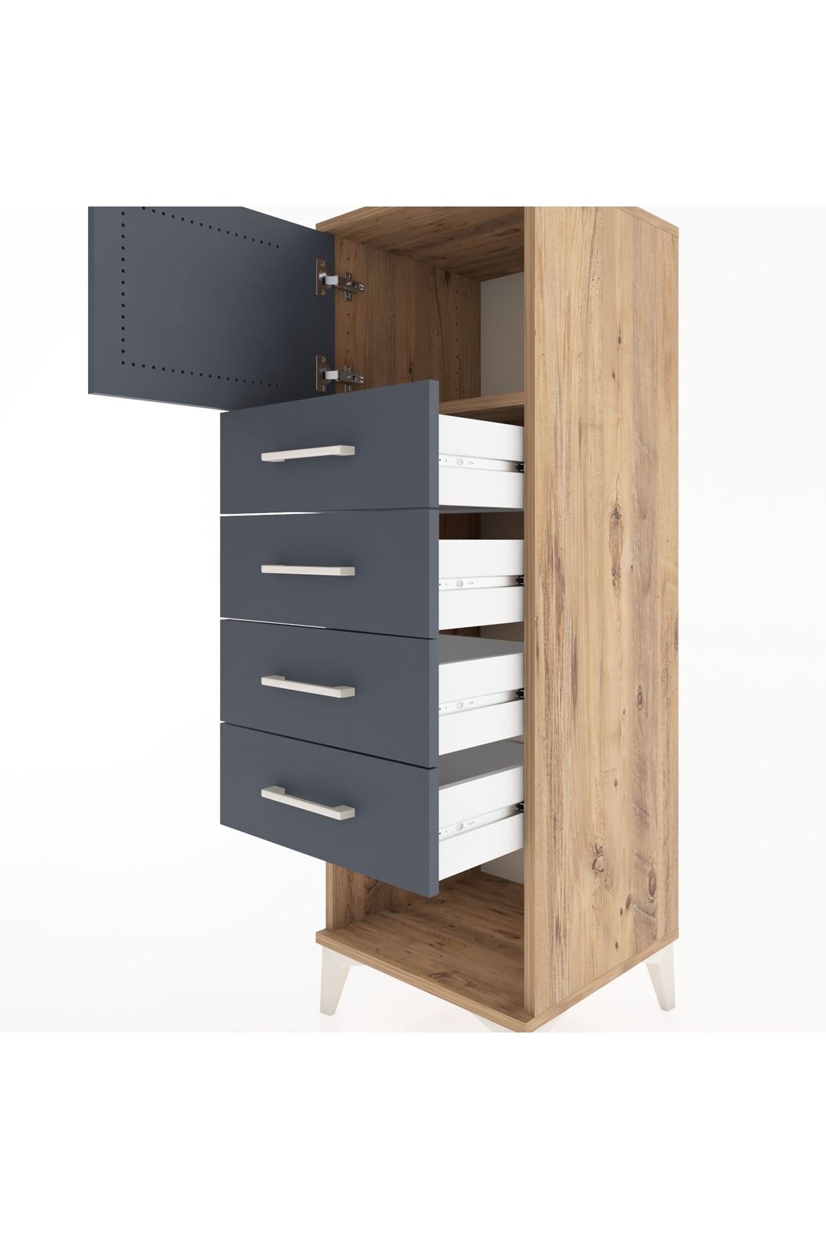 Hyperion Dolap Tek Raflı 4 Çekmeceli Tek Kapaklı 44x44x134 Çam-Antrasit