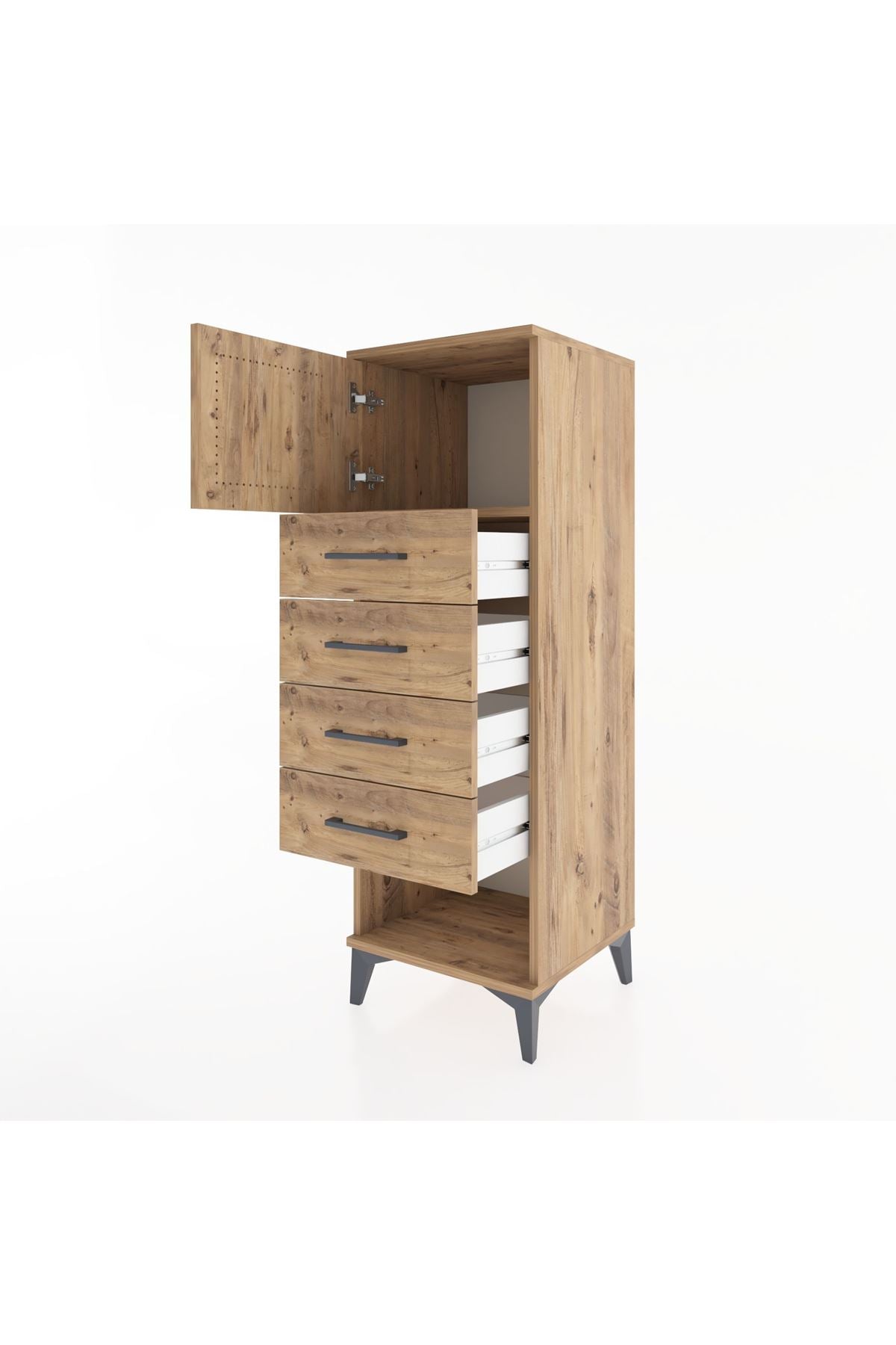 Hyperion Dolap Tek Raflı 4 Çekmeceli Tek Kapaklı 44x44x134 Çam-Çam