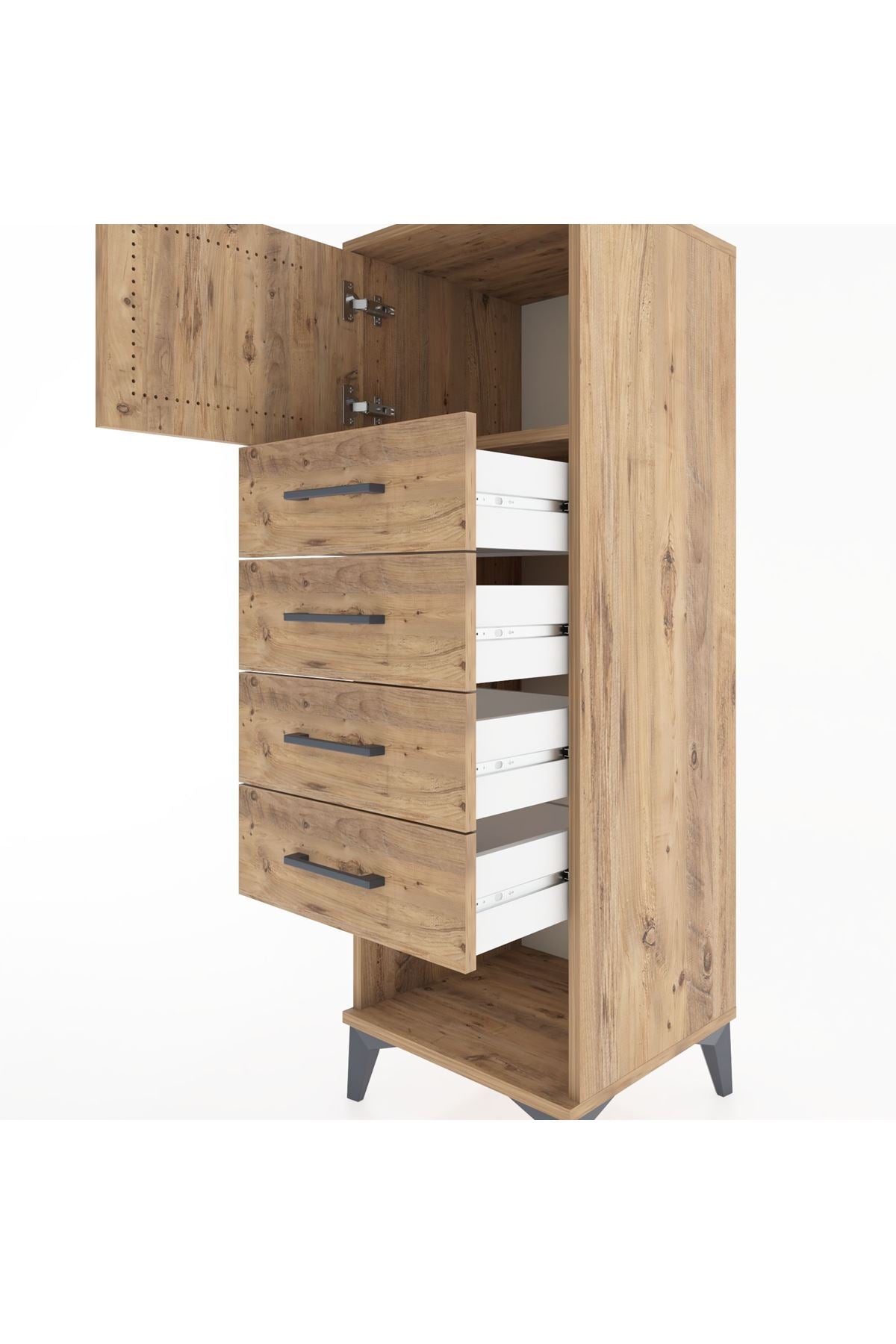 Hyperion Dolap Tek Raflı 4 Çekmeceli Tek Kapaklı 44x44x134 Çam-Çam