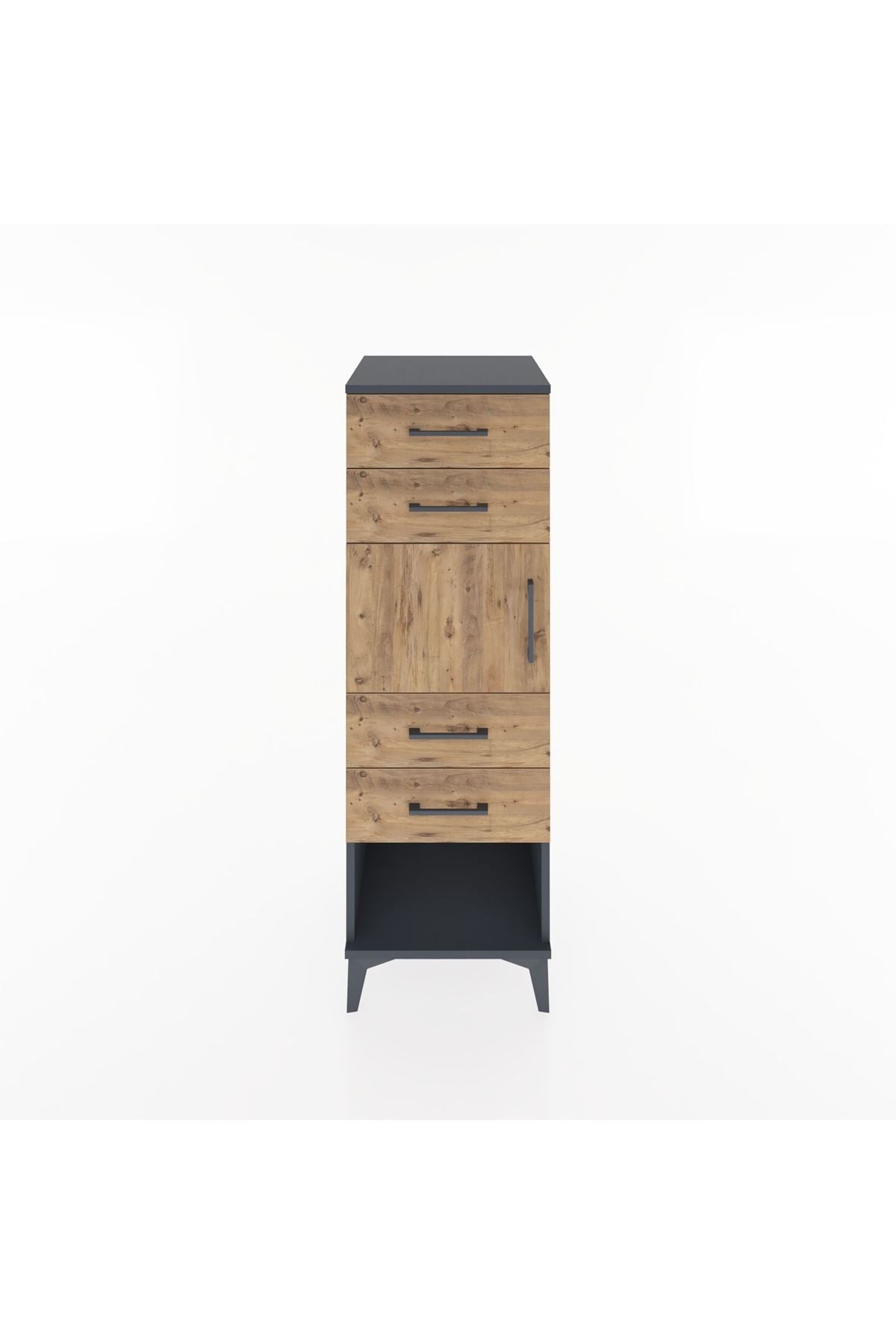 Hyperion Dolap Tek Raflı 4 Çekmeceli Tek Kapaklı 44x44x134 Antrasit-Çam