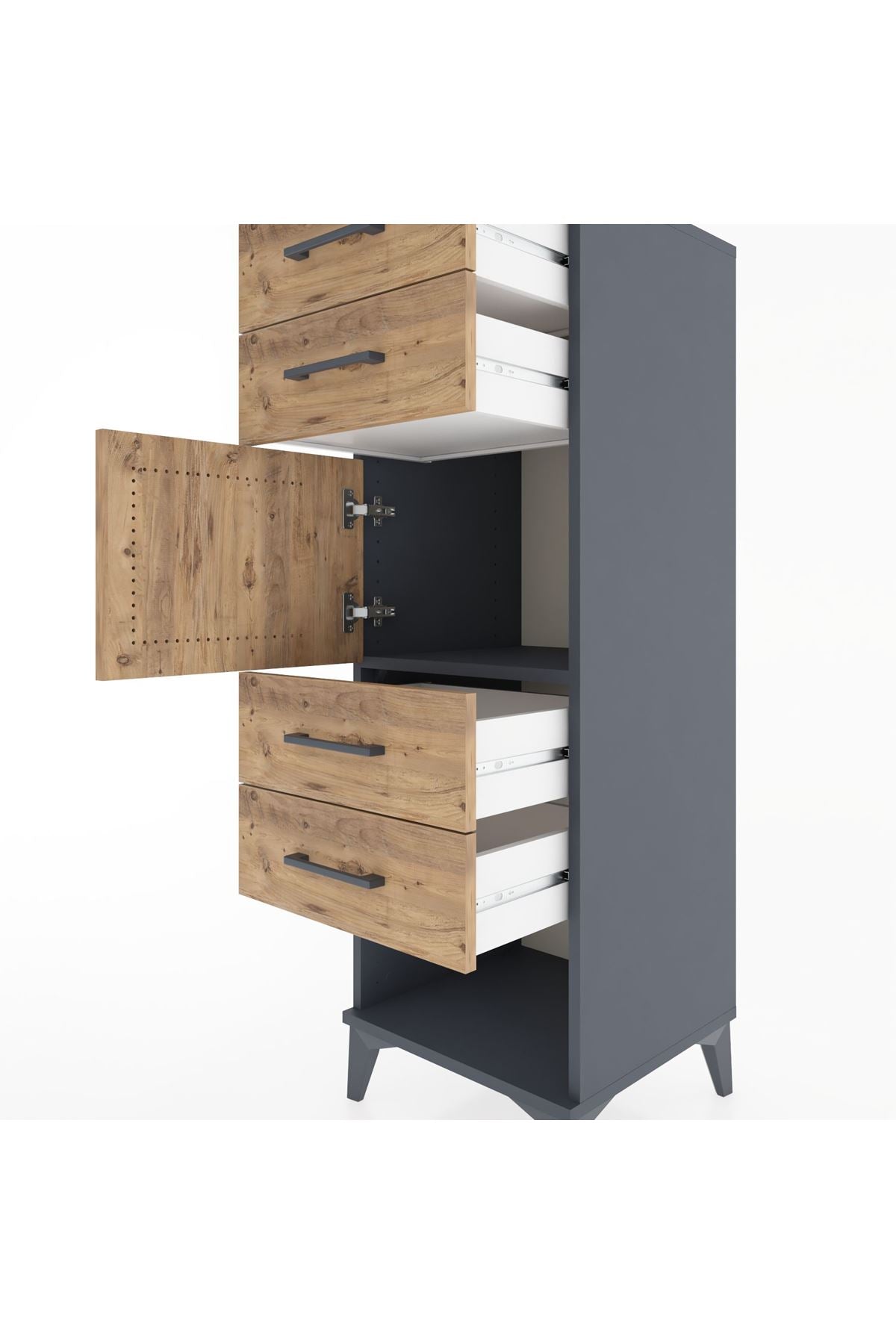 Hyperion Dolap Tek Raflı 4 Çekmeceli Tek Kapaklı 44x44x134 Antrasit-Çam