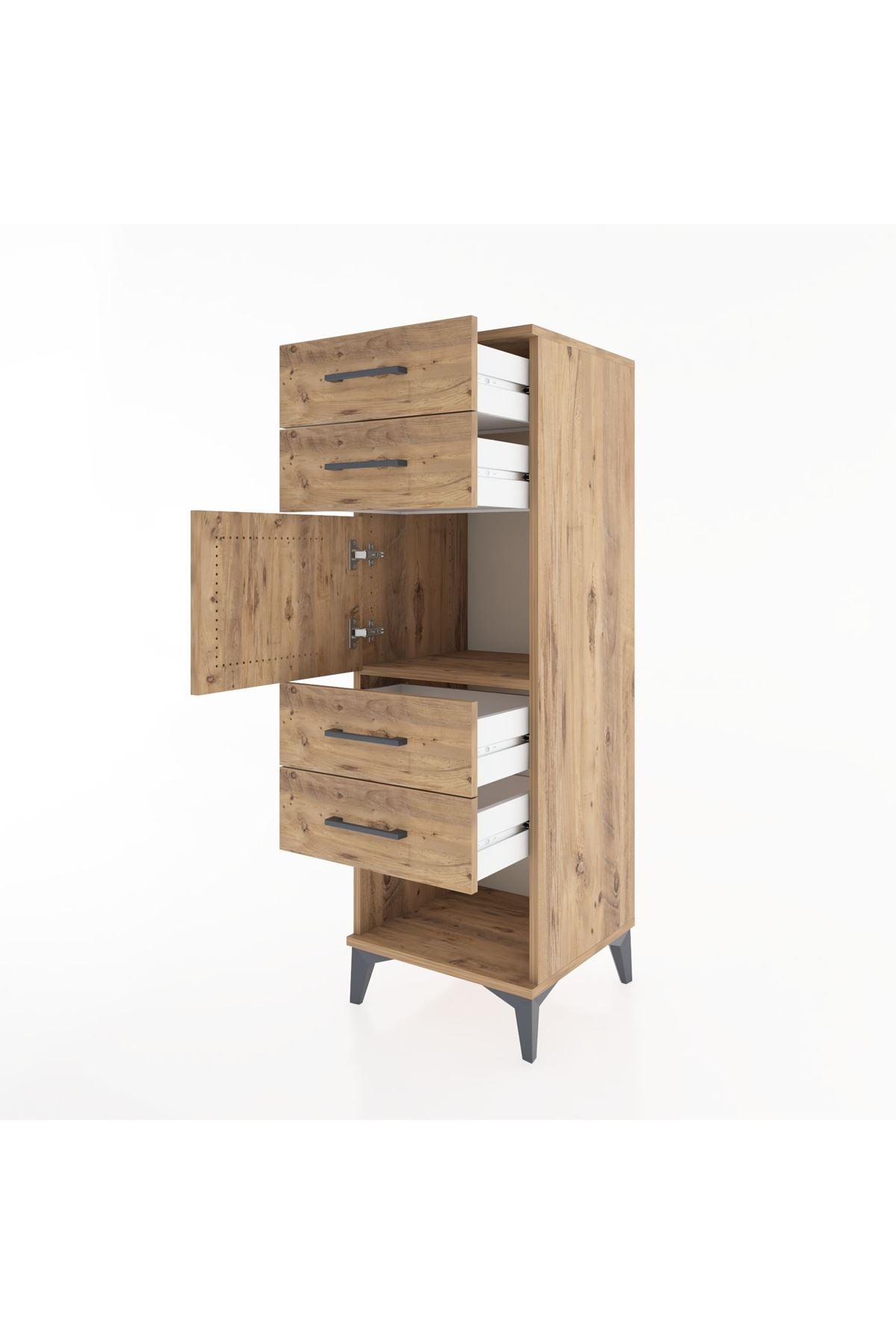 Hyperion Dolap Tek Raflı 4 Çekmeceli Tek Kapaklı 44x44x134 Çam-Çam