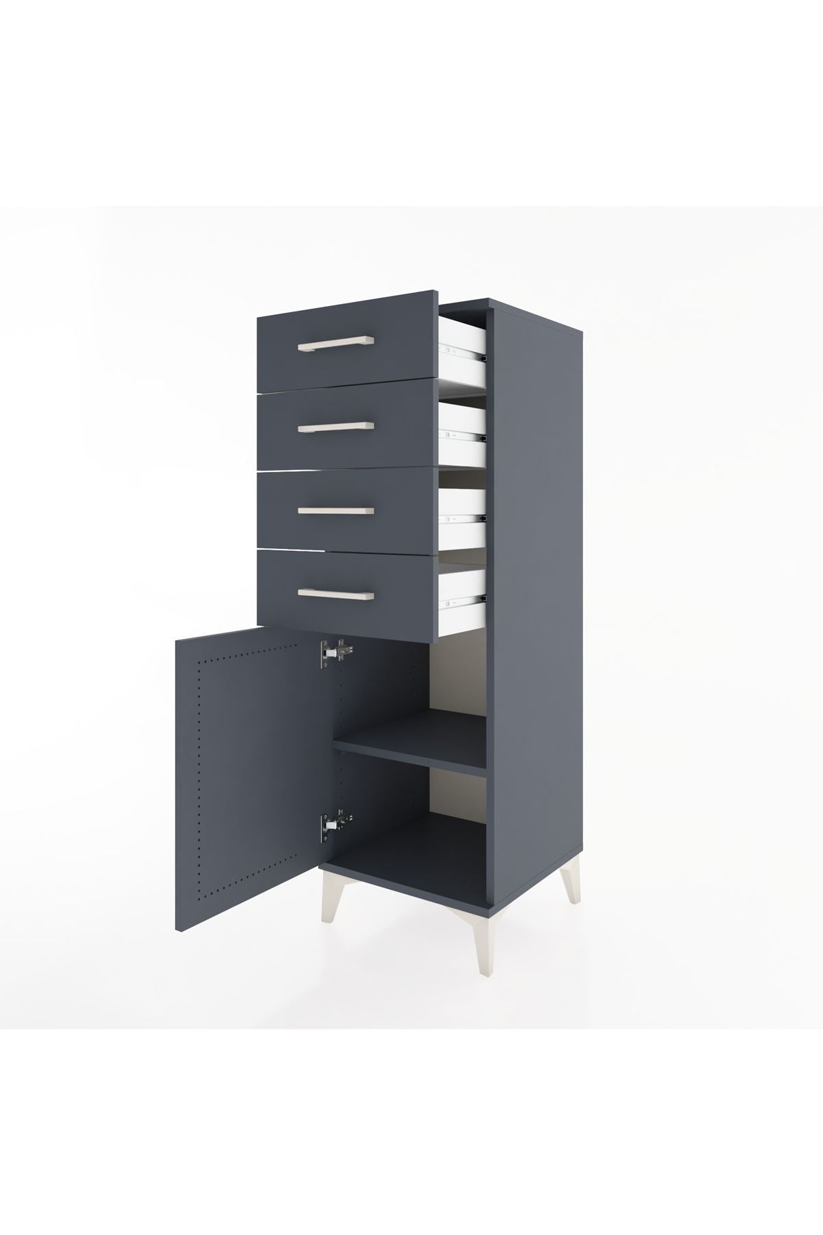 Hyperion Dolap Tek Raflı 4 Çekmeceli Tek Kapaklı 44x44x134 Antrasit-Antrasit