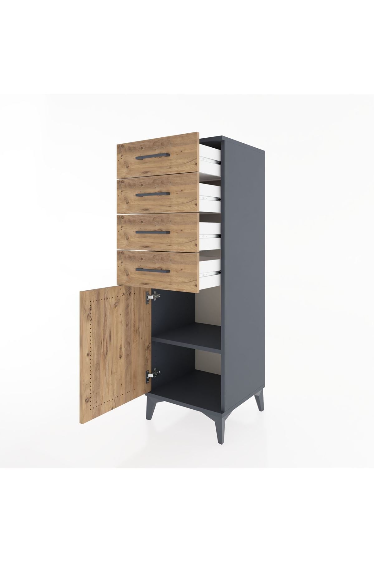 Hyperion Dolap Tek Raflı 4 Çekmeceli Tek Kapaklı 44x44x134 Antrasit-Çam