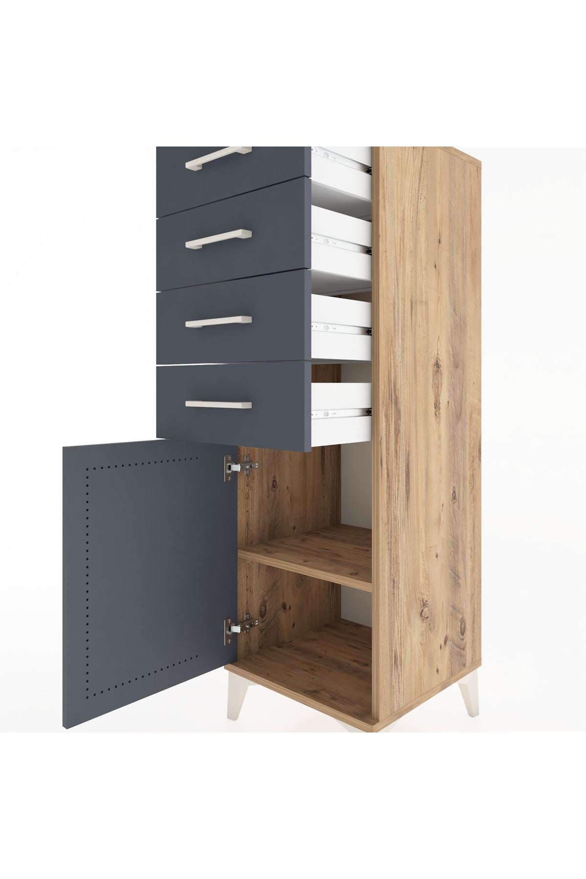 Hyperion Dolap Tek Raflı 4 Çekmeceli Tek Kapaklı 44x44x134 Çam-Antrasit