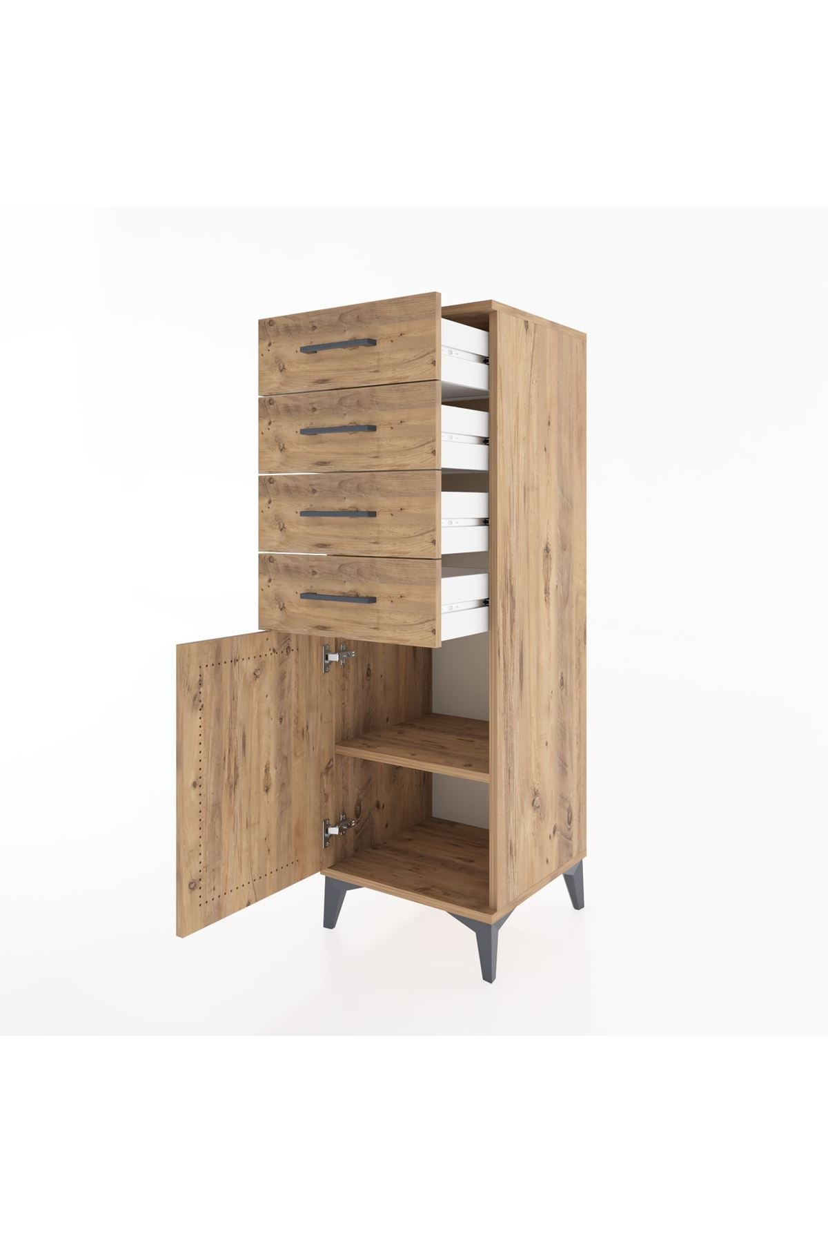 Hyperion Dolap Tek Raflı 4 Çekmeceli Tek Kapaklı 44x44x134 Çam-Çam