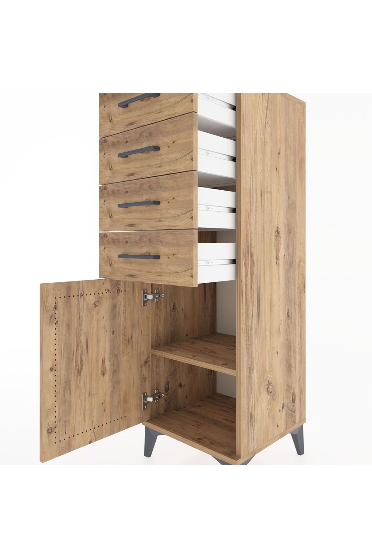 Hyperion Dolap Tek Raflı 4 Çekmeceli Tek Kapaklı 44x44x134 Çam-Çam