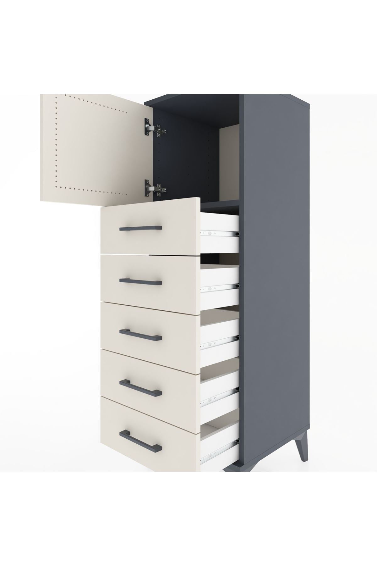 Hyperion Dolap Tek Raflı 5 Çekmeceli Tek Kapaklı 44x44x134 Antrasit-Aytaşı