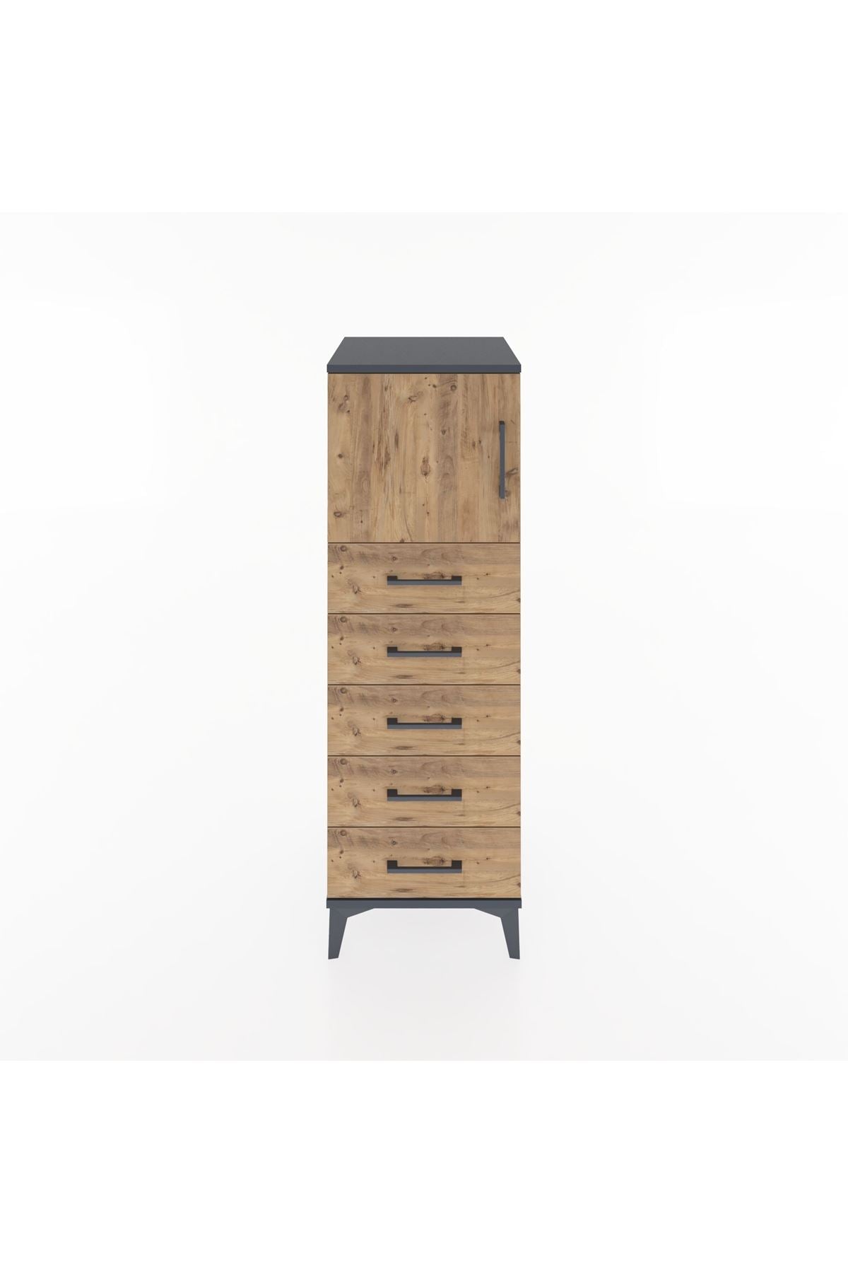 Hyperion Dolap Tek Raflı 5 Çekmeceli Tek Kapaklı 44x44x134 Antrasit-Çam