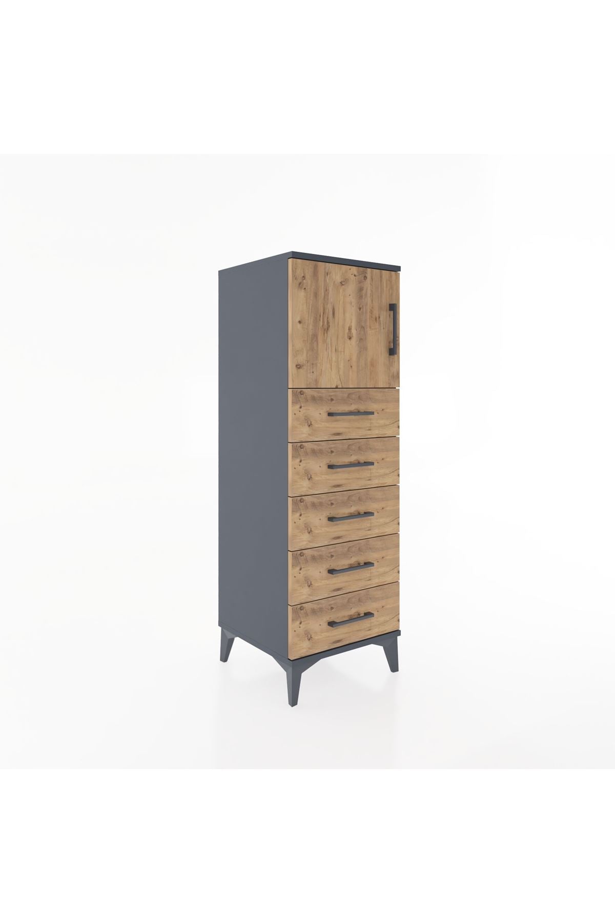Hyperion Dolap Tek Raflı 5 Çekmeceli Tek Kapaklı 44x44x134 Antrasit-Çam