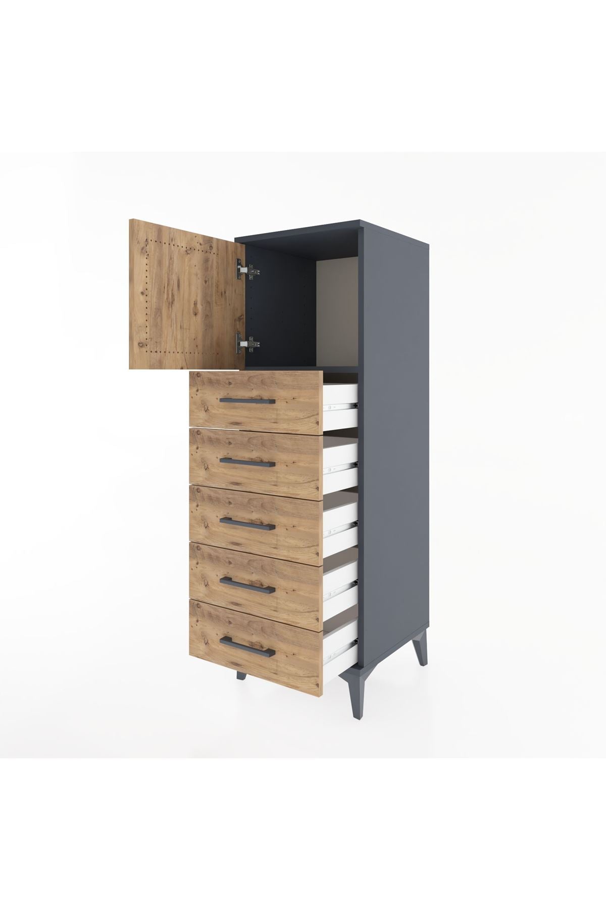 Hyperion Dolap Tek Raflı 5 Çekmeceli Tek Kapaklı 44x44x134 Antrasit-Çam
