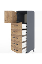 Hyperion Dolap Tek Raflı 5 Çekmeceli Tek Kapaklı 44x44x134 Antrasit-Çam