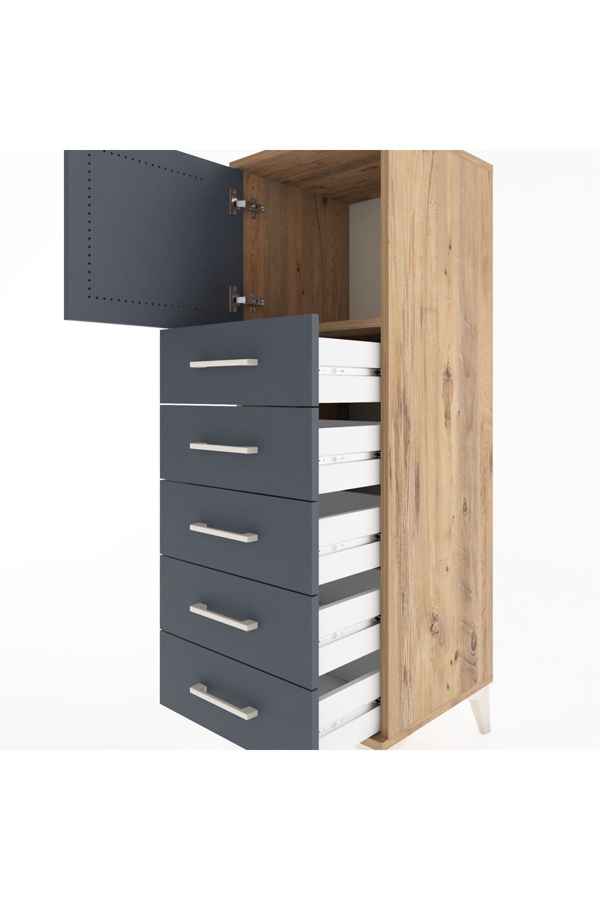 Hyperion Dolap Tek Raflı 5 Çekmeceli Tek Kapaklı 44x44x134 Çam-Antrasit