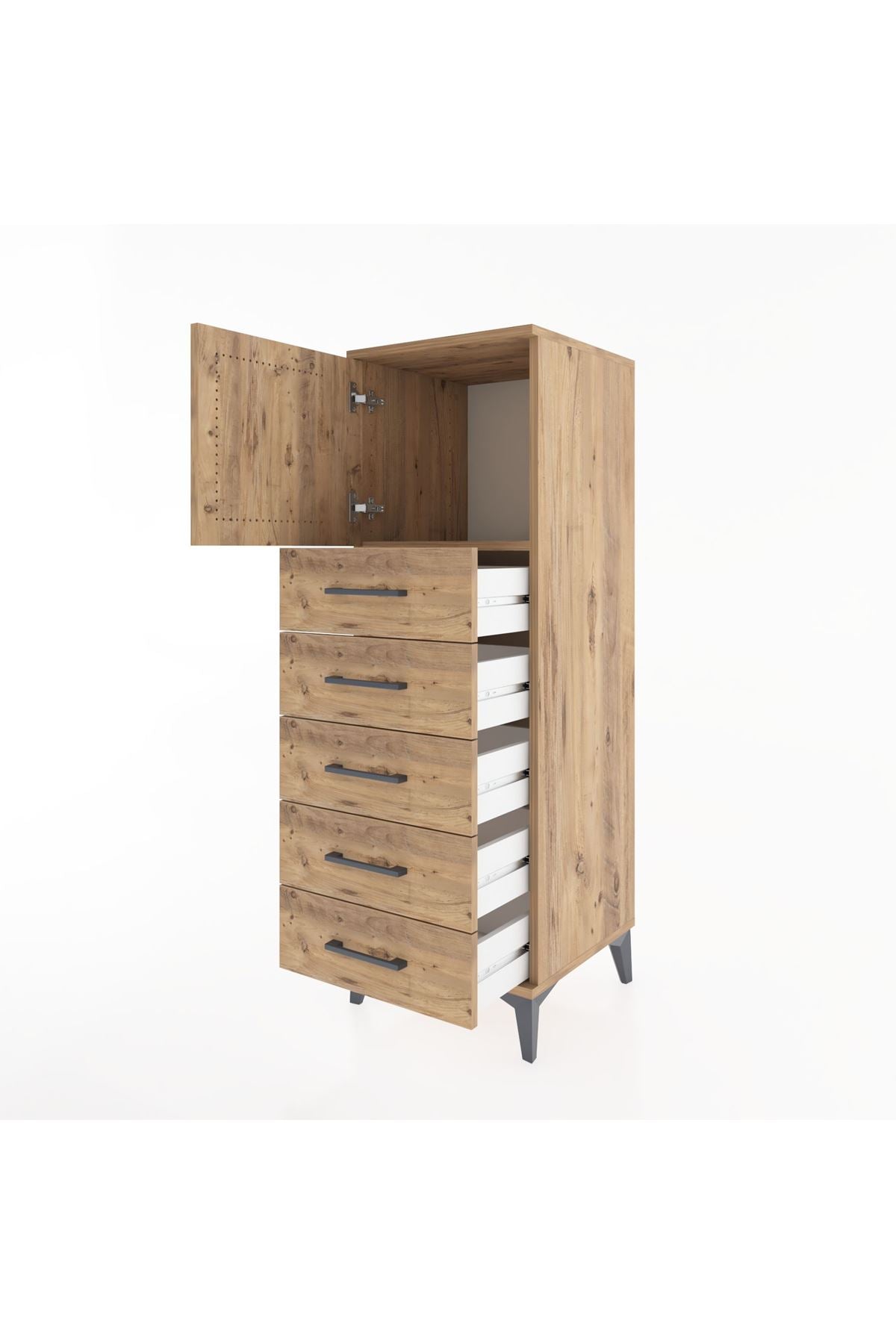 Hyperion Dolap Tek Raflı 5 Çekmeceli Tek Kapaklı 44x44x134 Çam-Çam