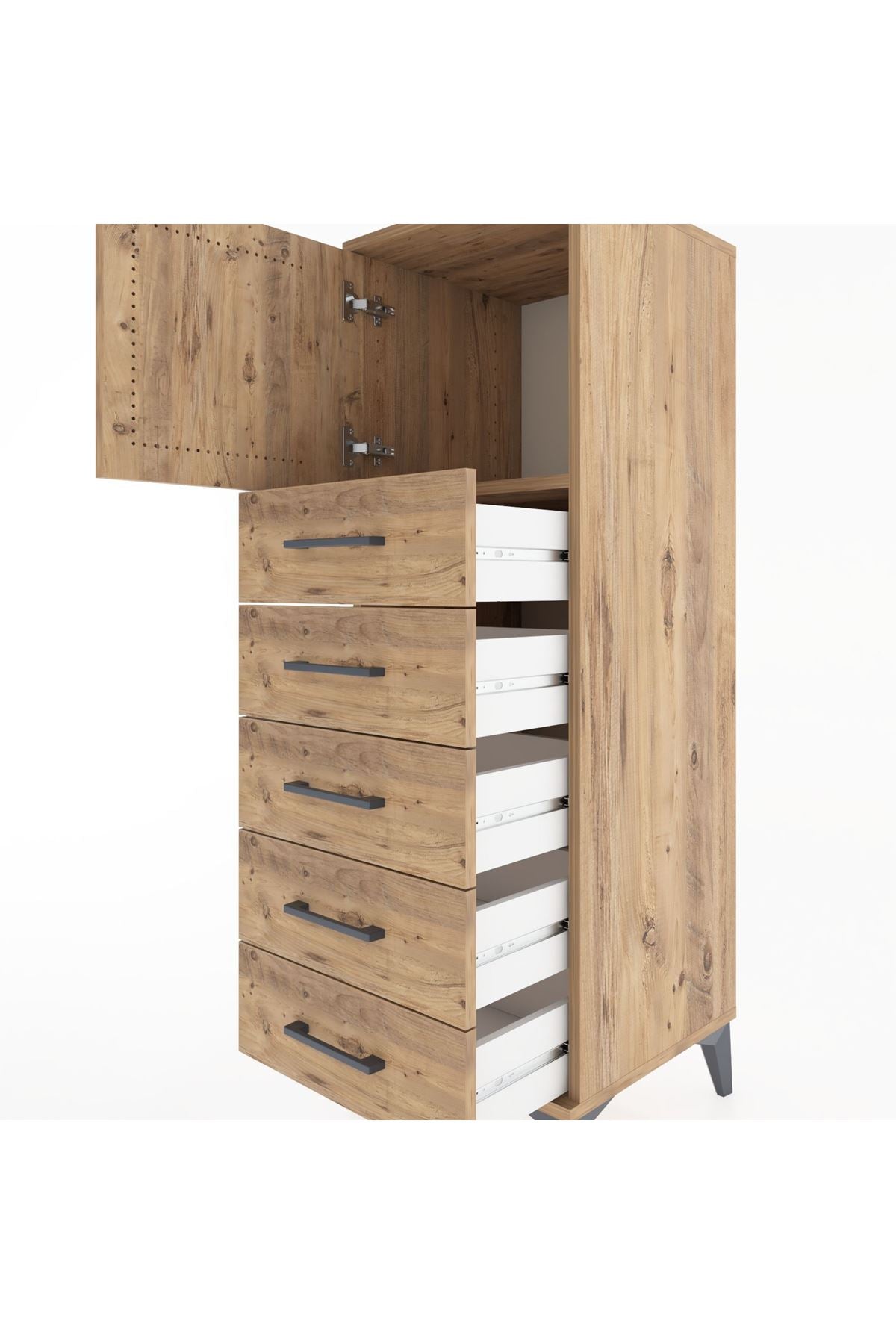 Hyperion Dolap Tek Raflı 5 Çekmeceli Tek Kapaklı 44x44x134 Çam-Çam