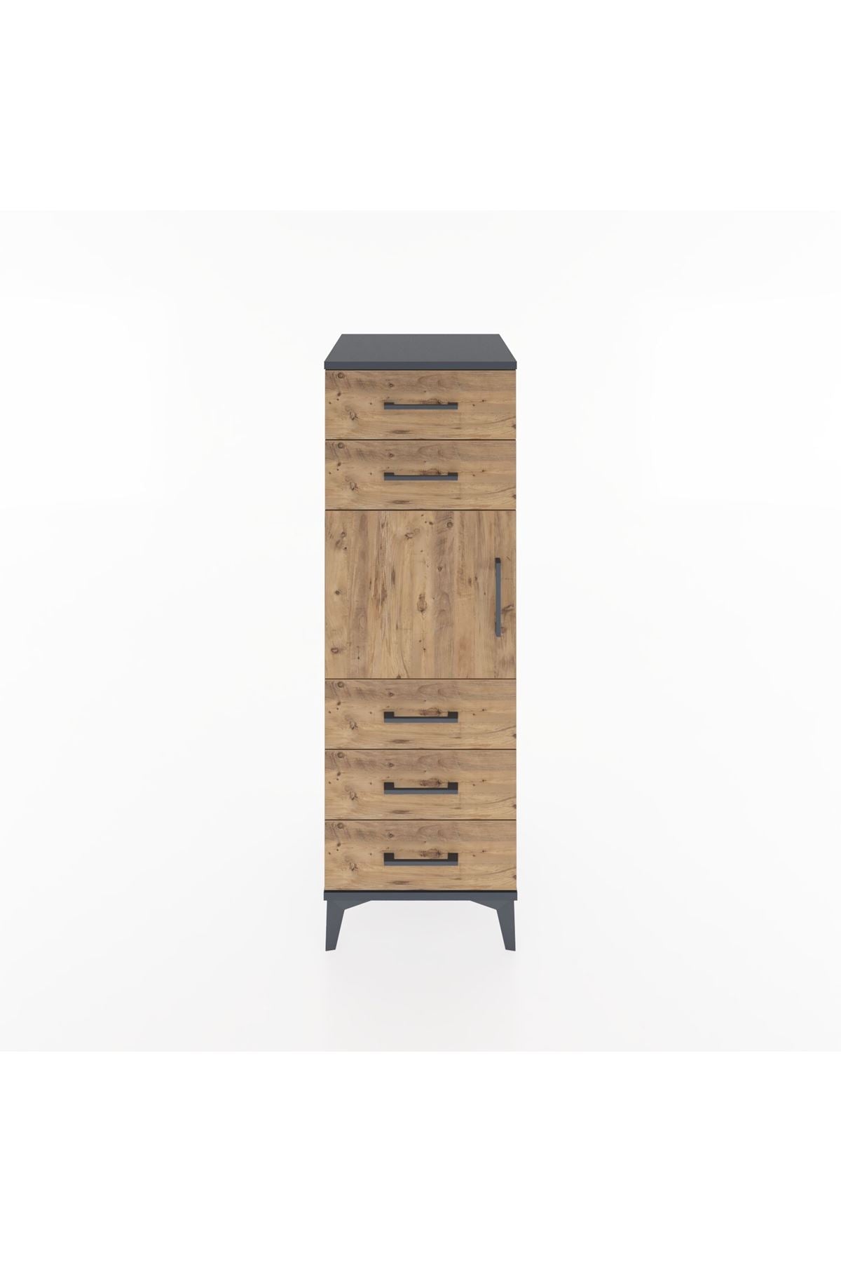 Hyperion Dolap Tek Raflı 5 Çekmeceli Tek Kapaklı 44x44x134 Antrasit-Çam