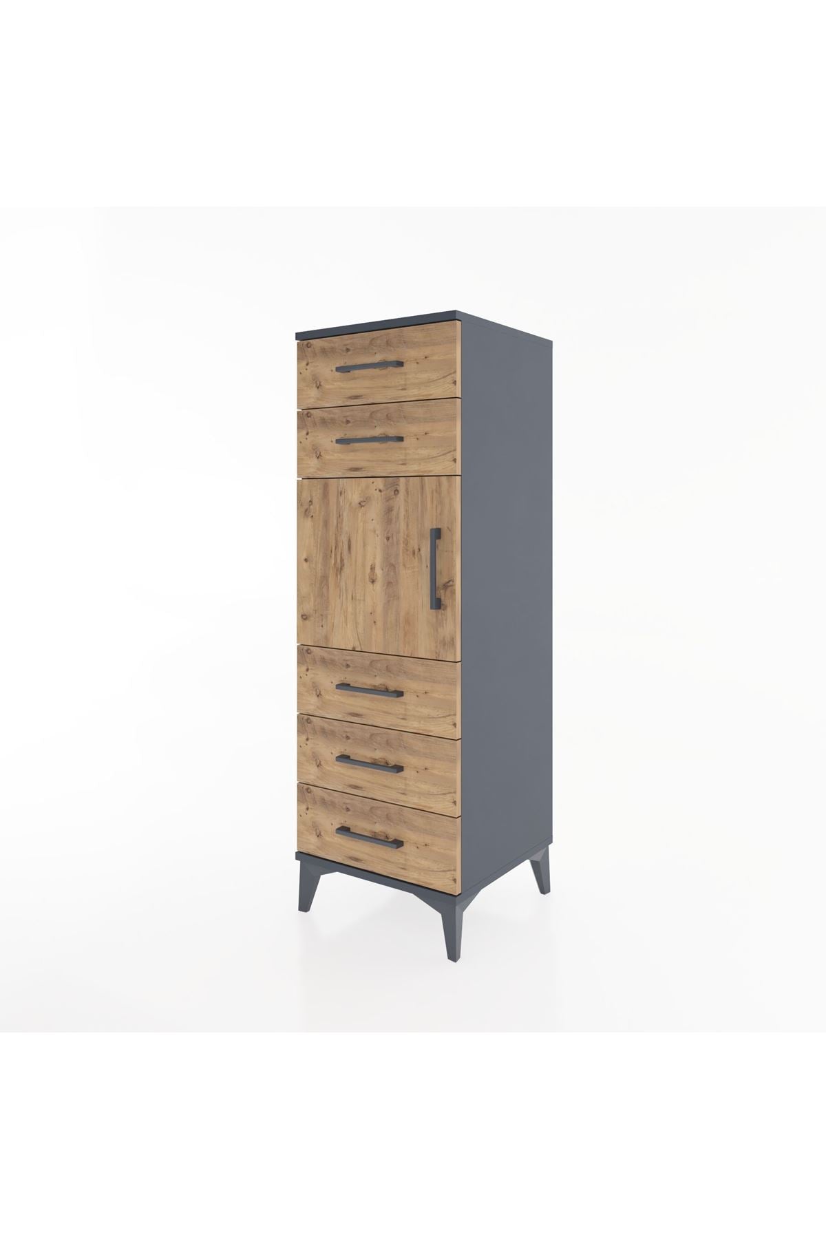 Hyperion Dolap Tek Raflı 5 Çekmeceli Tek Kapaklı 44x44x134 Antrasit-Çam