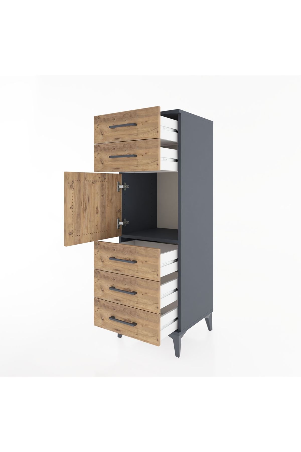 Hyperion Dolap Tek Raflı 5 Çekmeceli Tek Kapaklı 44x44x134 Antrasit-Çam