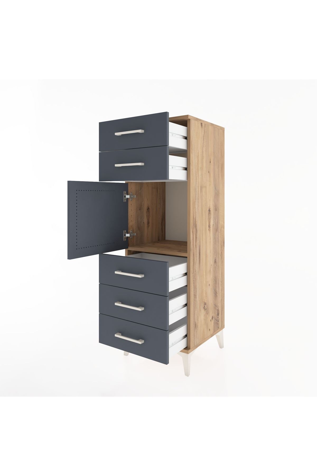 Hyperion Dolap Tek Raflı 5 Çekmeceli Tek Kapaklı 44x44x134 Çam-Antrasit