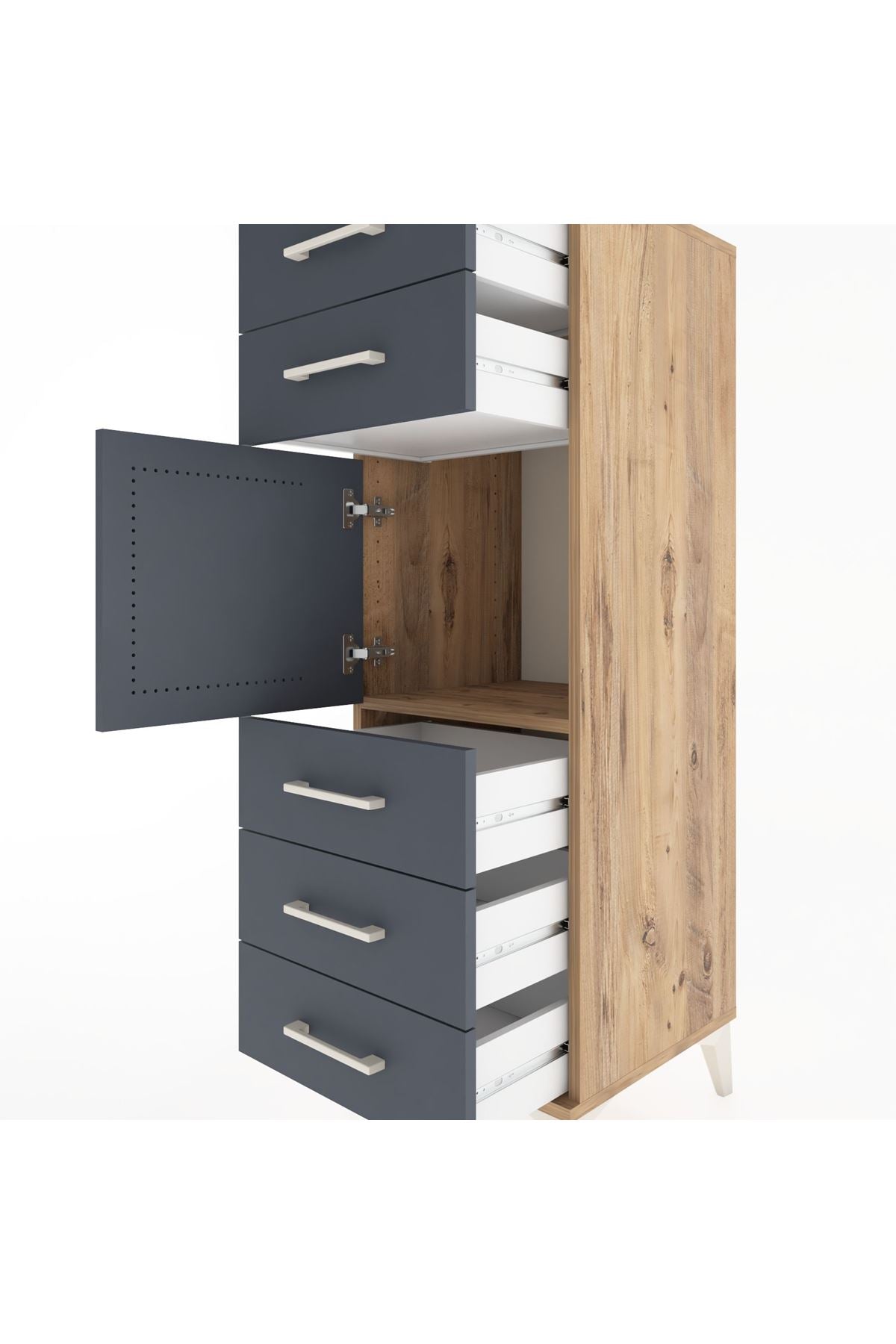 Hyperion Dolap Tek Raflı 5 Çekmeceli Tek Kapaklı 44x44x134 Çam-Antrasit