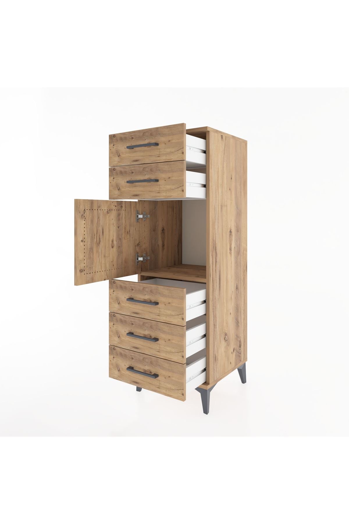 Hyperion Dolap Tek Raflı 5 Çekmeceli Tek Kapaklı 44x44x134 Çam-Çam