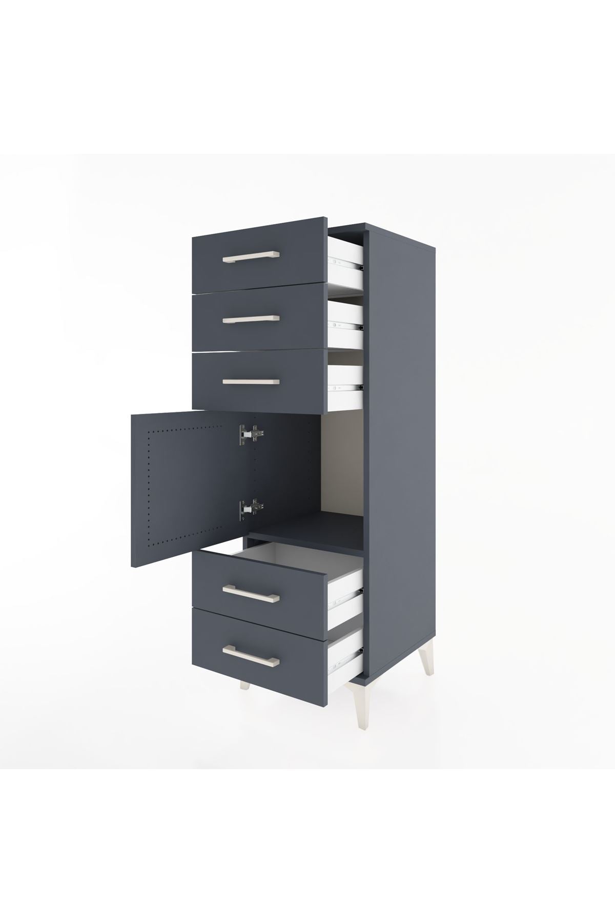 Hyperion Dolap Tek Raflı 5 Çekmeceli Tek Kapaklı 44x44x134 Antrasit-Antrasit