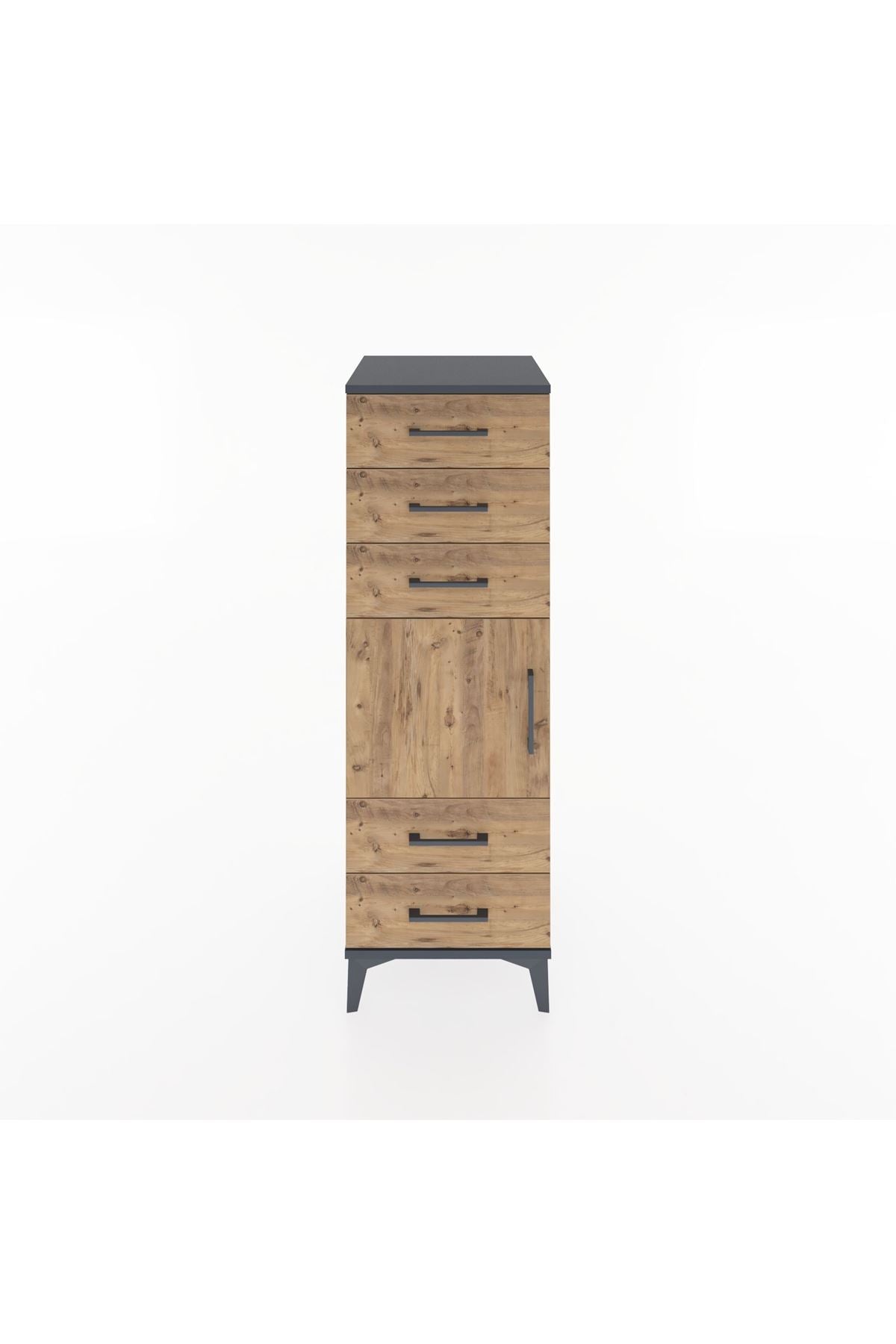 Hyperion Dolap Tek Raflı 5 Çekmeceli Tek Kapaklı 44x44x134 Antrasit-Çam