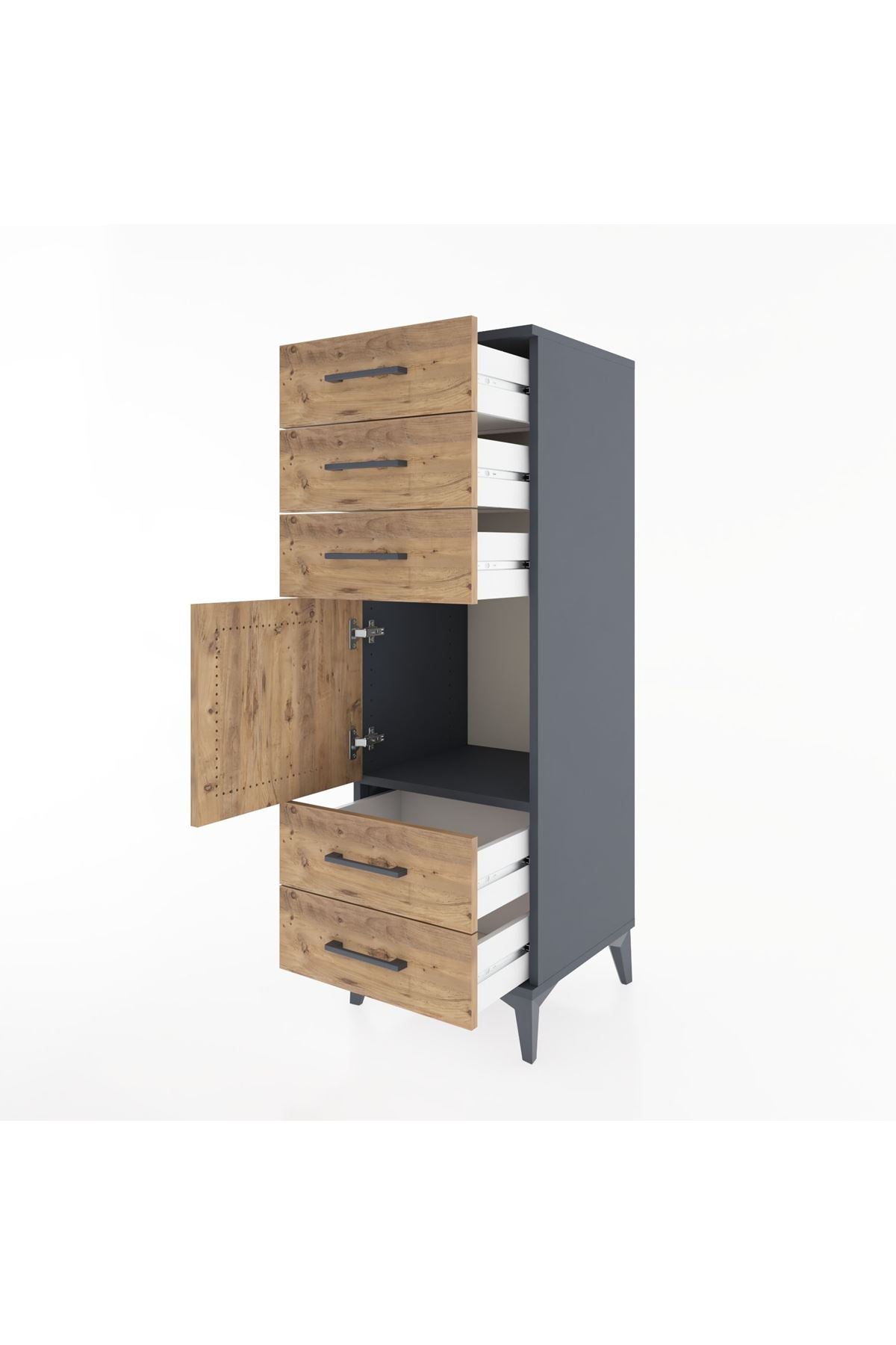 Hyperion Dolap Tek Raflı 5 Çekmeceli Tek Kapaklı 44x44x134 Antrasit-Çam