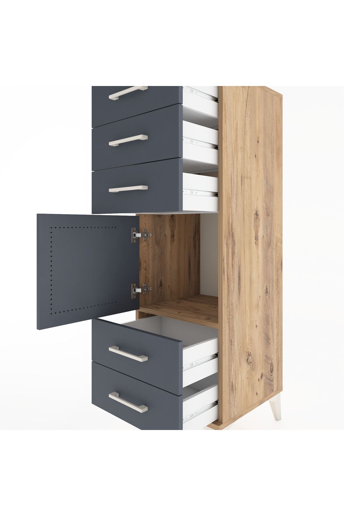 Hyperion Dolap Tek Raflı 5 Çekmeceli Tek Kapaklı 44x44x134 Çam-Antrasit