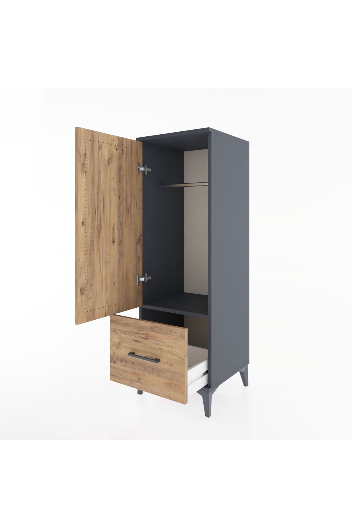 Hyperion Dolap Tek Raflı Tek Çekmeceli Tek Askılı 44x44x134 Antrasit-Çam