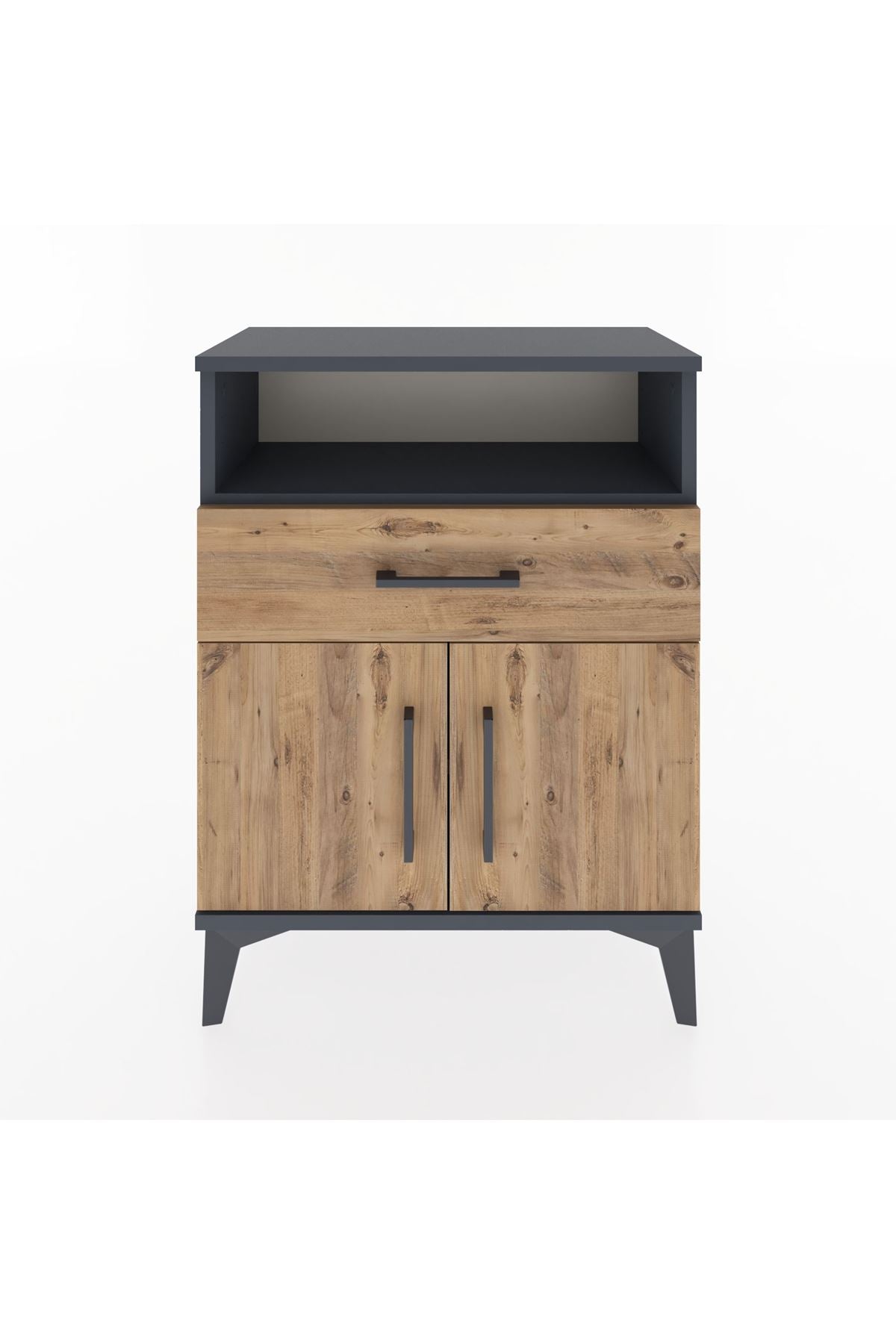 Arges Komodin Tek Raflı 2 Çekmeceli 2 Kapaklı 60x30x80 Antrasit-Çam